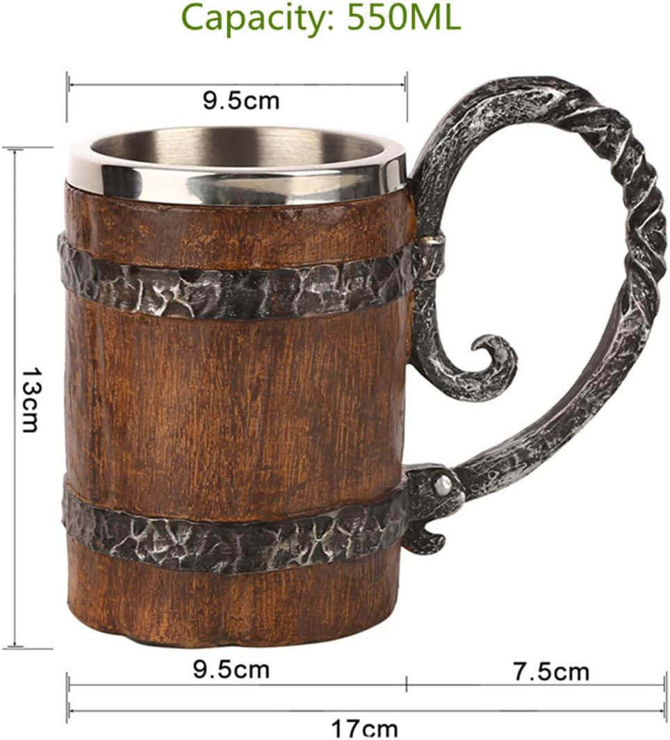 Viking Wood Style Beer Mug,Wood Imitation Barrel Stainless Steel Beer Mug,Vintage Bar Handmade Wooden Beer Mug (Wooden Barrel Beer Mug 550ML)
