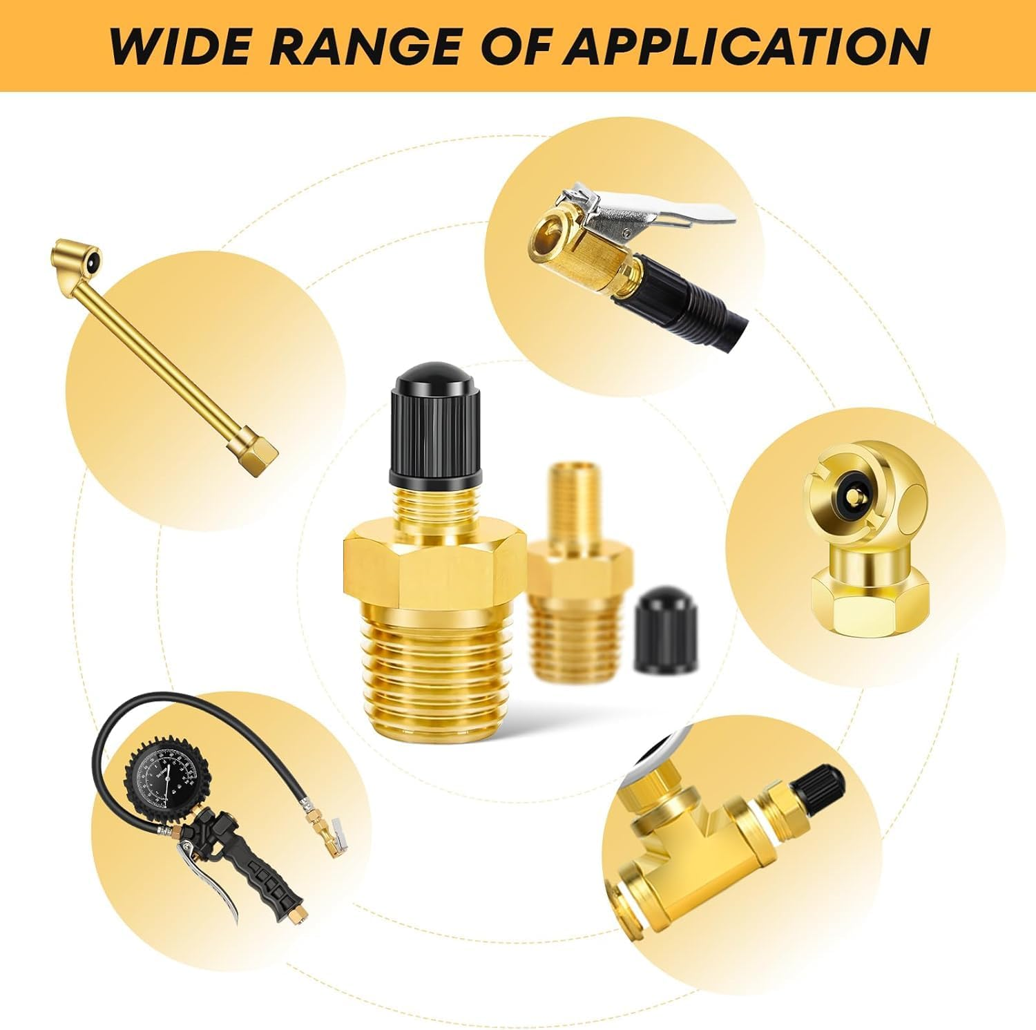 THJOPOKEEL 4Pcs Air Inflator Adapter, Anti-Corrosion Brass Schrader Valve with 1/4" Male NPT, Tire Inflator Connector for Auto Portable Air Compressor/Pump, Includes Protective Caps