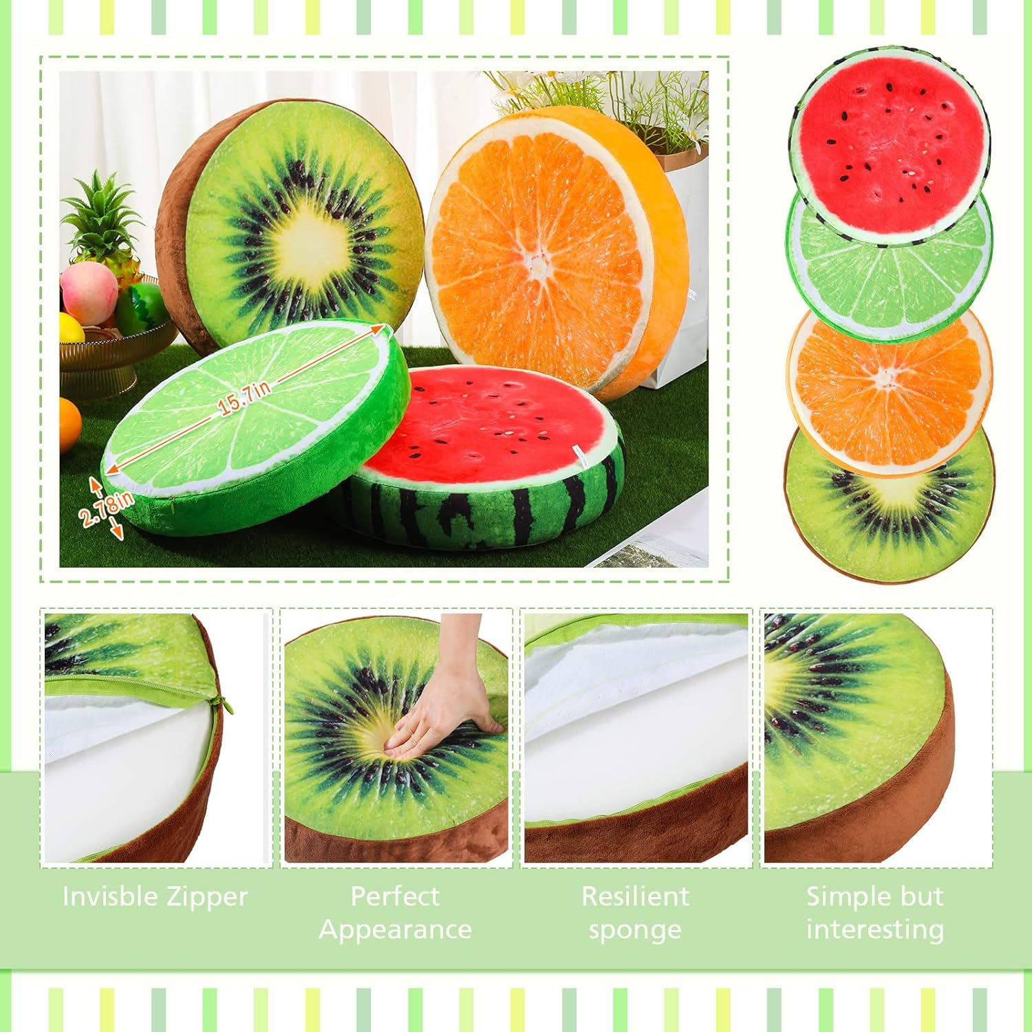 Coume 4 Pcs 15.7 Inch Fruit Pillows round Floor Cushions 3D Watermelon Kiwi Lemon Orange Decorative Stuffed Throw Pillows Chair Toy Seat Floor Seat Cushions for Kids Couch Sofa Classroom image number 1