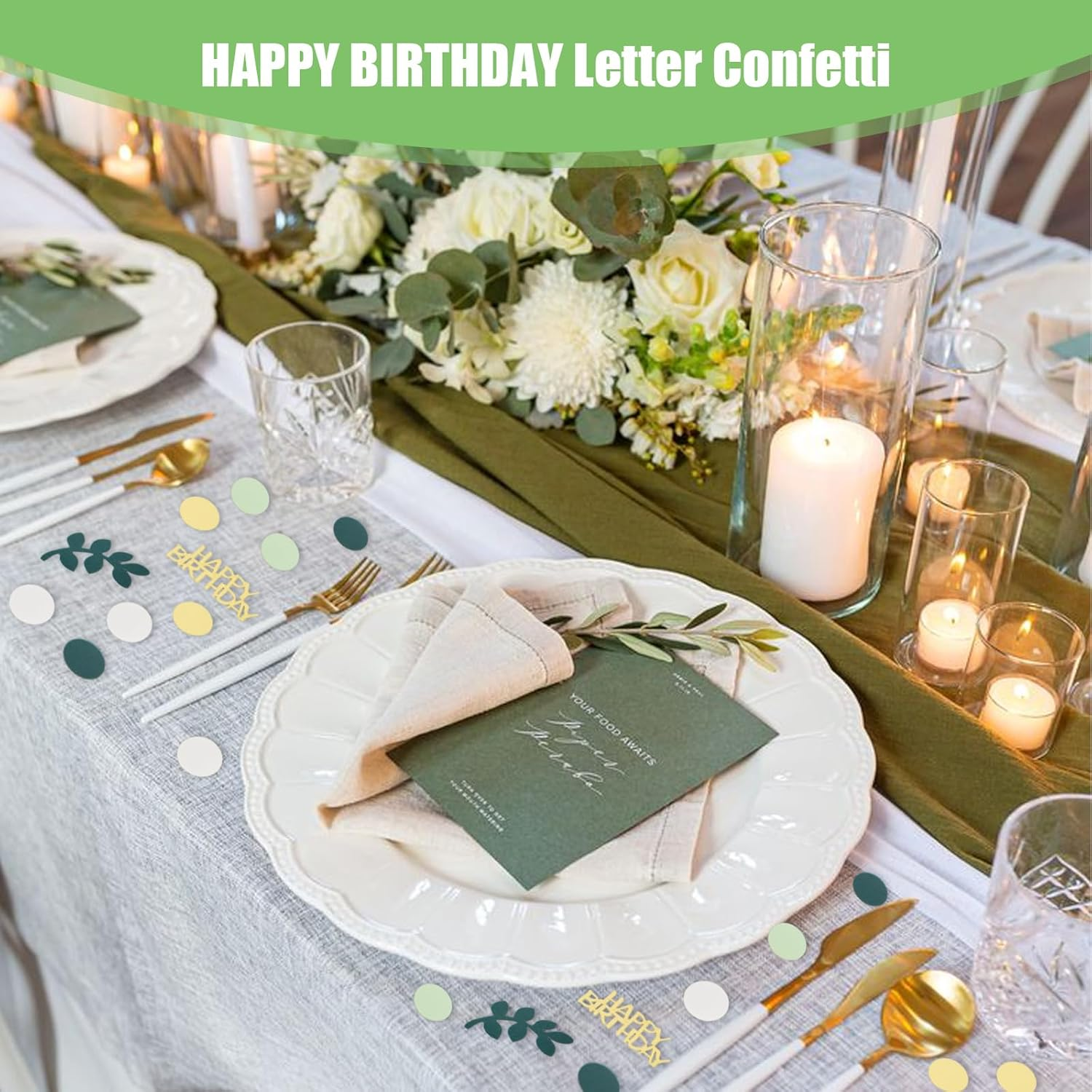 200 Pieces Confetti Green Gold, Happy Birthday Table Decoration, Party Table Confetti, Confetti Decorations for Party, Birthday, Wedding, Children'S Room, Table Top, Paper Scraps