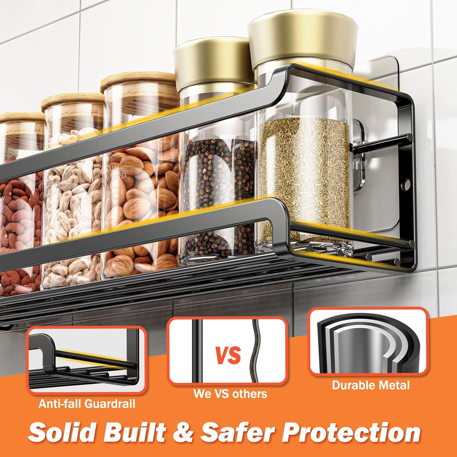 Bunoxea Spice Rack Wall Mounted 4 Pack, Space-Saving Spice Organizer for Spice Jars and Seasonings,Screw or Adhesive Hanging Spice Rack Organizer for Your Kitchen Cabinet,Or Pantry Door - Black image number 3