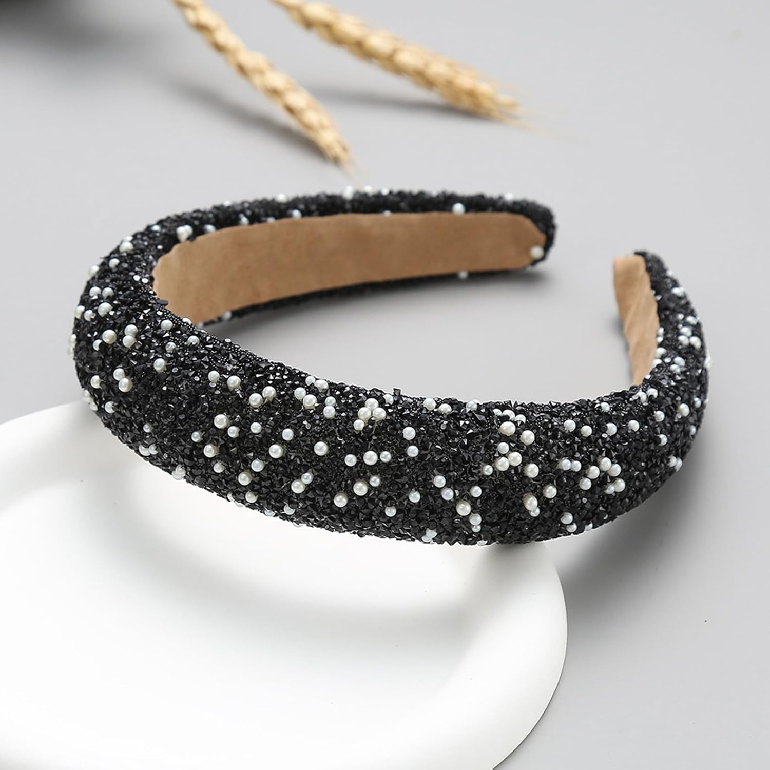 AWOCAN Rhinestone Headbands for Women Diamond Bling Rhinestone Wide Hairband Sparkle Beaded Crystal Headband Thick Padded Headband for Party Non Slip Glitter Hair Hoop (Black, L) - Black image number 5