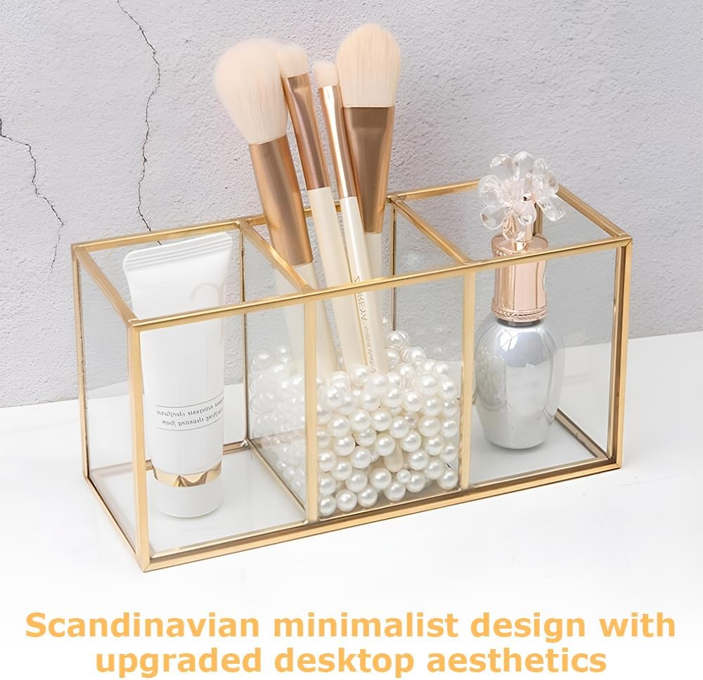 3-Section Glass Makeup Brush Holder, Gold Frame Cosmetic Organizer, Vanity Toiletries Storage Box, for Forbeauty Tool Brushes & Lipsticks image number 6