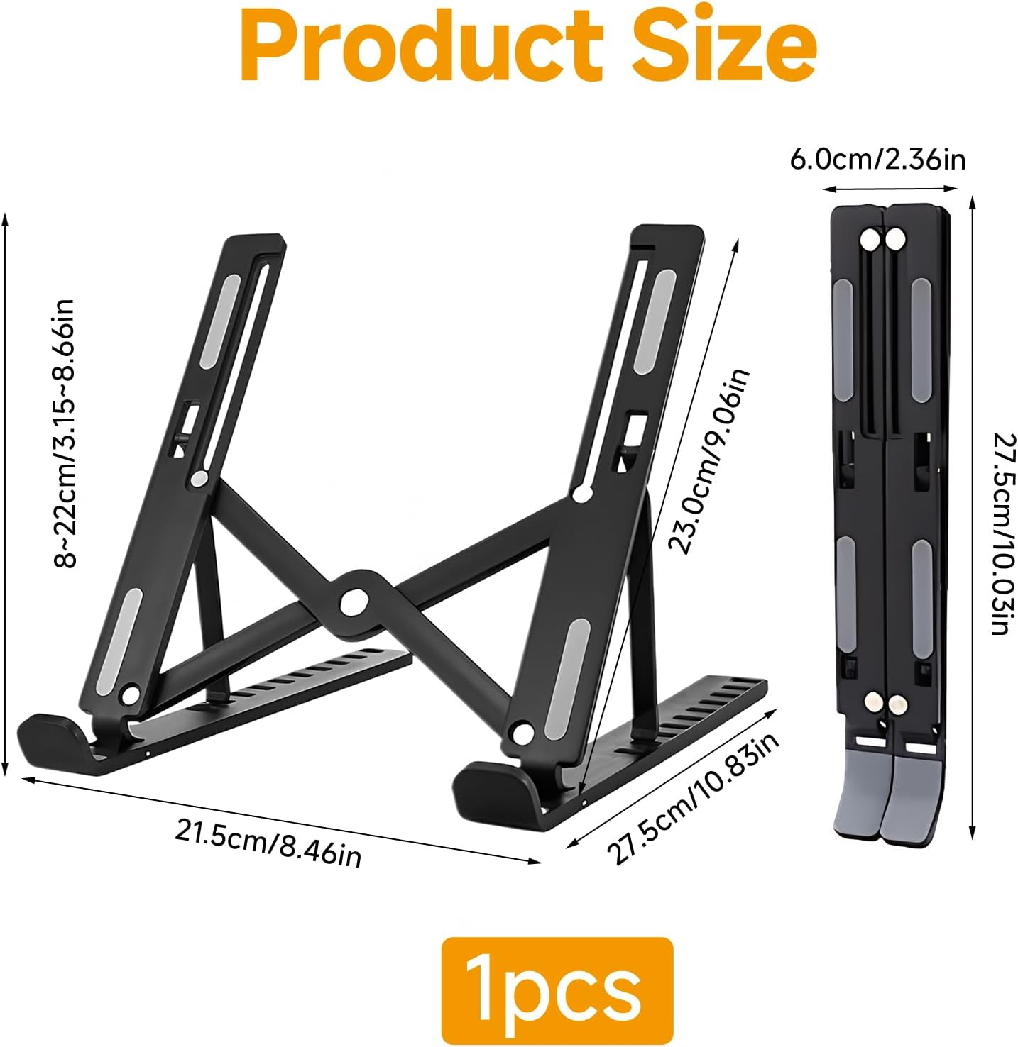 Ergonomic Adjustable Laptop Stand, Portable Laptop Riser for Desk, Foldable Plastic Computer Stand Compatible with Macbook & 10-17" Laptops, Essential Computer Accessories (Black) image number 3