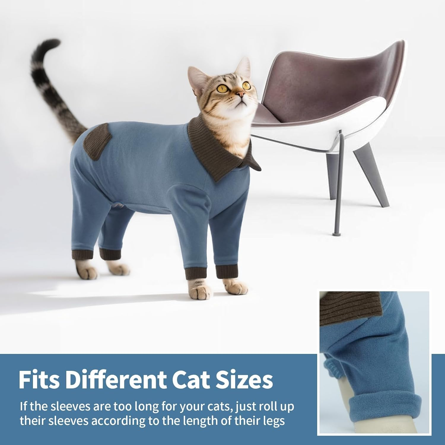 Lelepet Sticky Cat Clothes, Prevent Hair Loss Cat Pajamas, Professional Post-Surgery Onesie for Male & Female Cats, Anti-Shedding Shirt Outfit, Soft Sweaters for Cats, Blue M image number 4