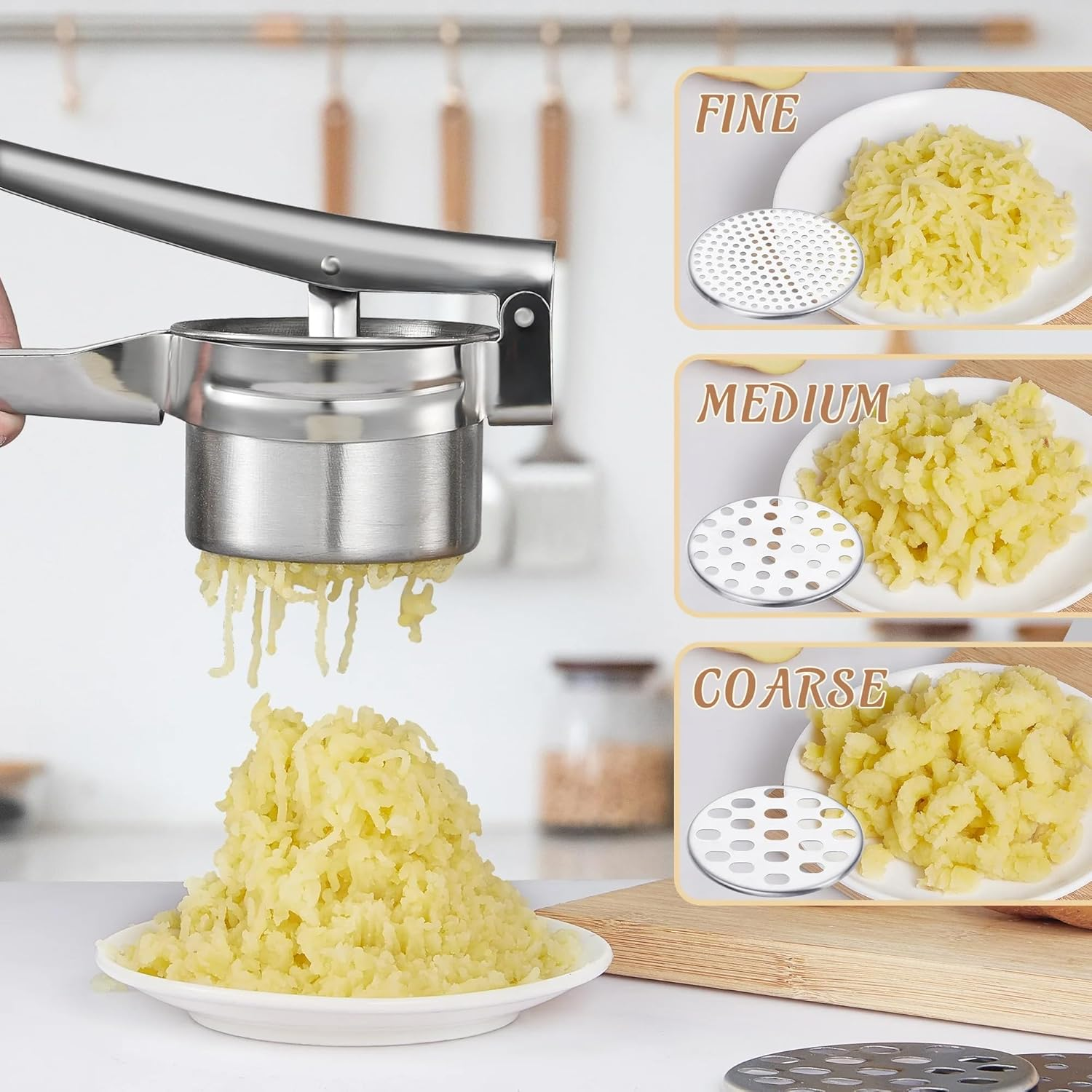 Multi-Purpose Stainless Steel Potato Ricer, Heavy Duty Large Capacity Potato Masher with 3 Interchangeable Discs, Ricer for Vegetable and Fruit with Interchangeable Strainers image number 1