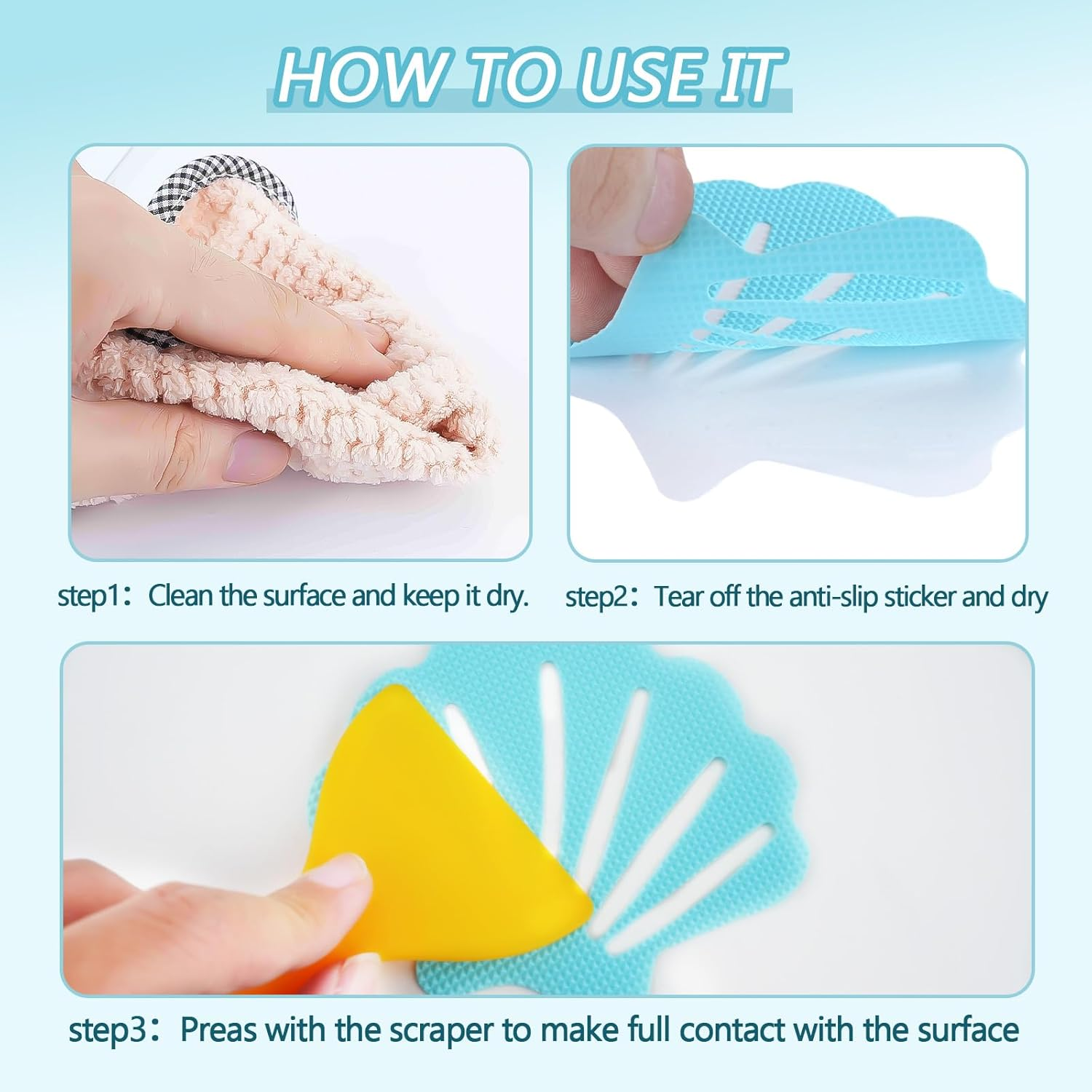 48Pcs Bathtub Stickers Non-Slip, FHDUSRYO anti Slip Shower Stickers, Safety Shower Treads Strips with Scraper, Adhesive Decals Appliques for Bath Tub, Showers Floor, Stairs, Ladders (Blue) - Blue image number 2