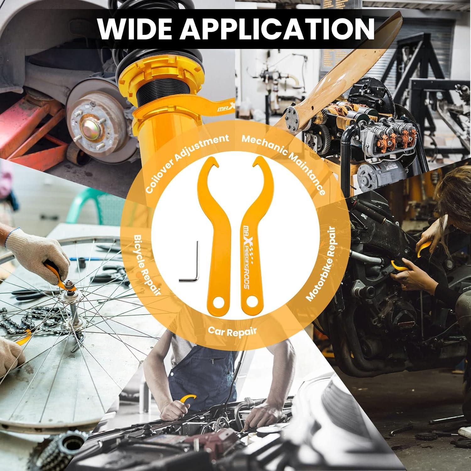 Maxpeedingrods Universal C Spanner Hook Wrench Set Coilover Spring Adjustment Tool Steel Spanner Wrench, Yellow, 2Pcs image number 3