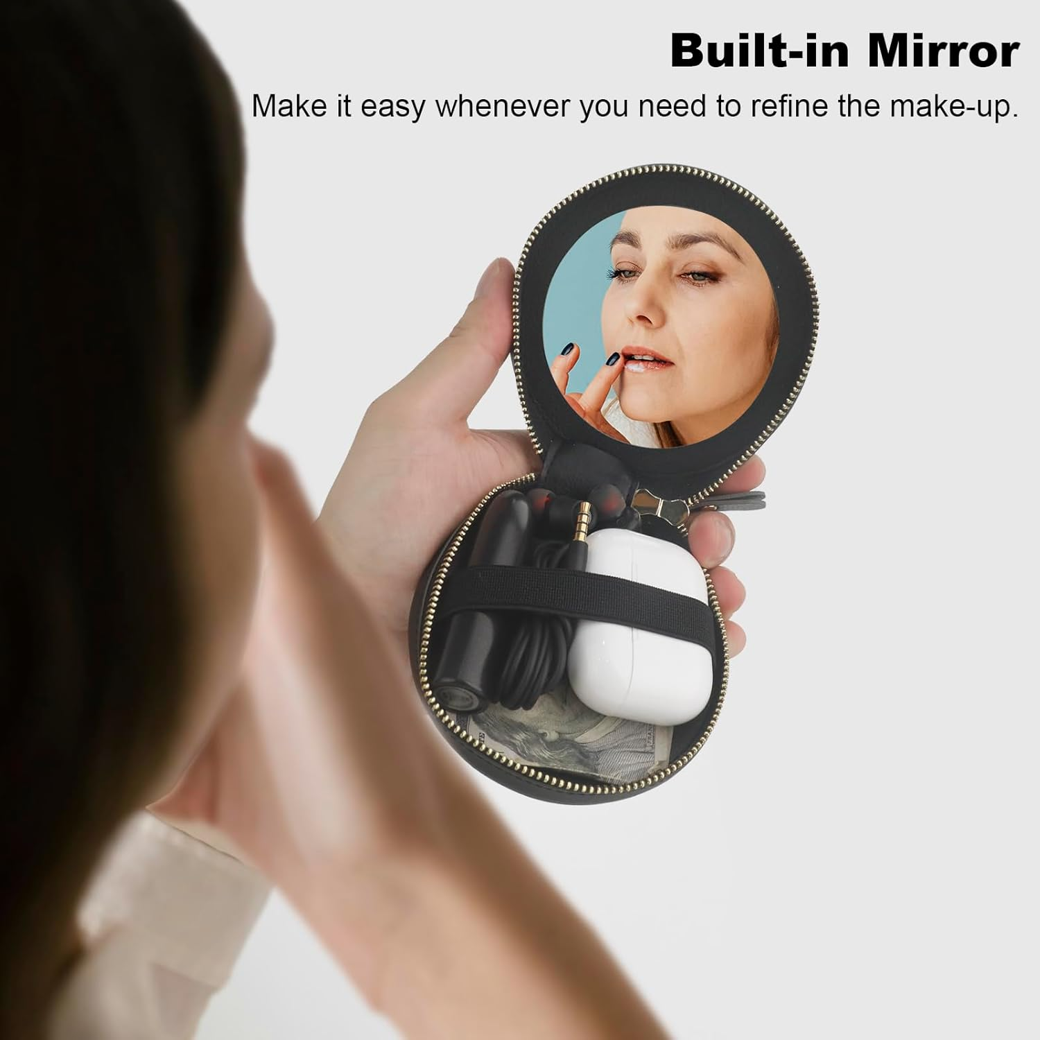 Bocasal Coin Pouch Mini Lipstick Cosmetic Bag with Airtag Holder Mirror, Leather Zipper Travel Makeup Bag Organizer Keychain Ring Clasp for Keys Earbuds Earphone Lip Gloss Chapstick Women Girls, Black - Black image number 2