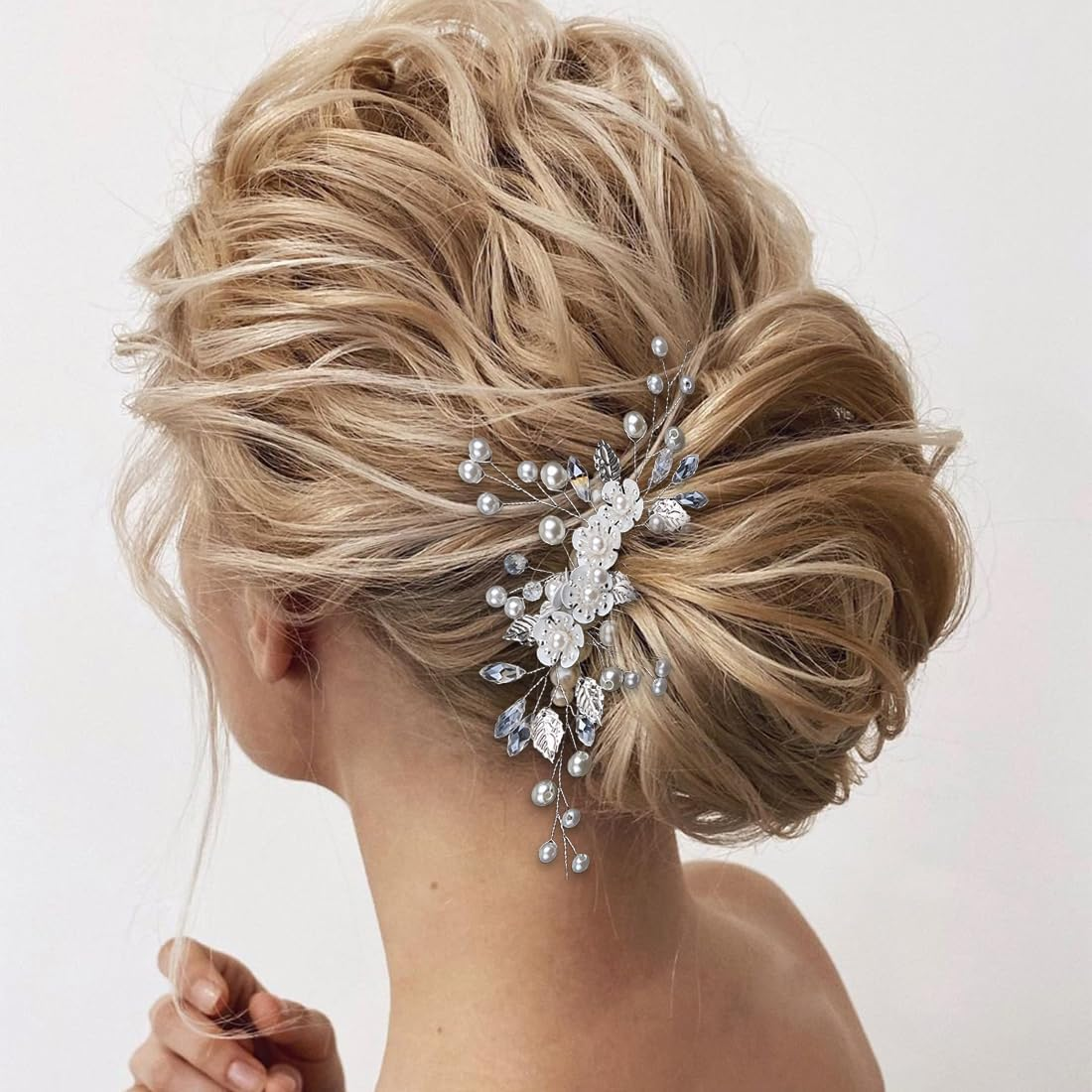 Bridal Wedding Hair Combs Crystal Flower Bridal Headpiece Beads Hair Clips Hair Accessories for Women and Girls Silver image number 4