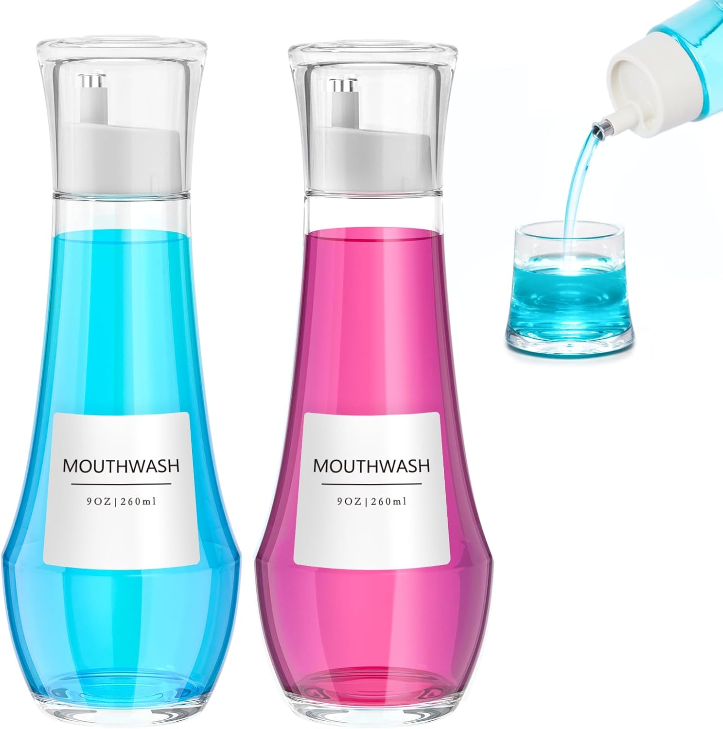 2 Pack Glass Mouthwash Dispenser for Bathroom, 9 OZ Small Clear Refillable Mouth Wash Bottle with Lid Cup