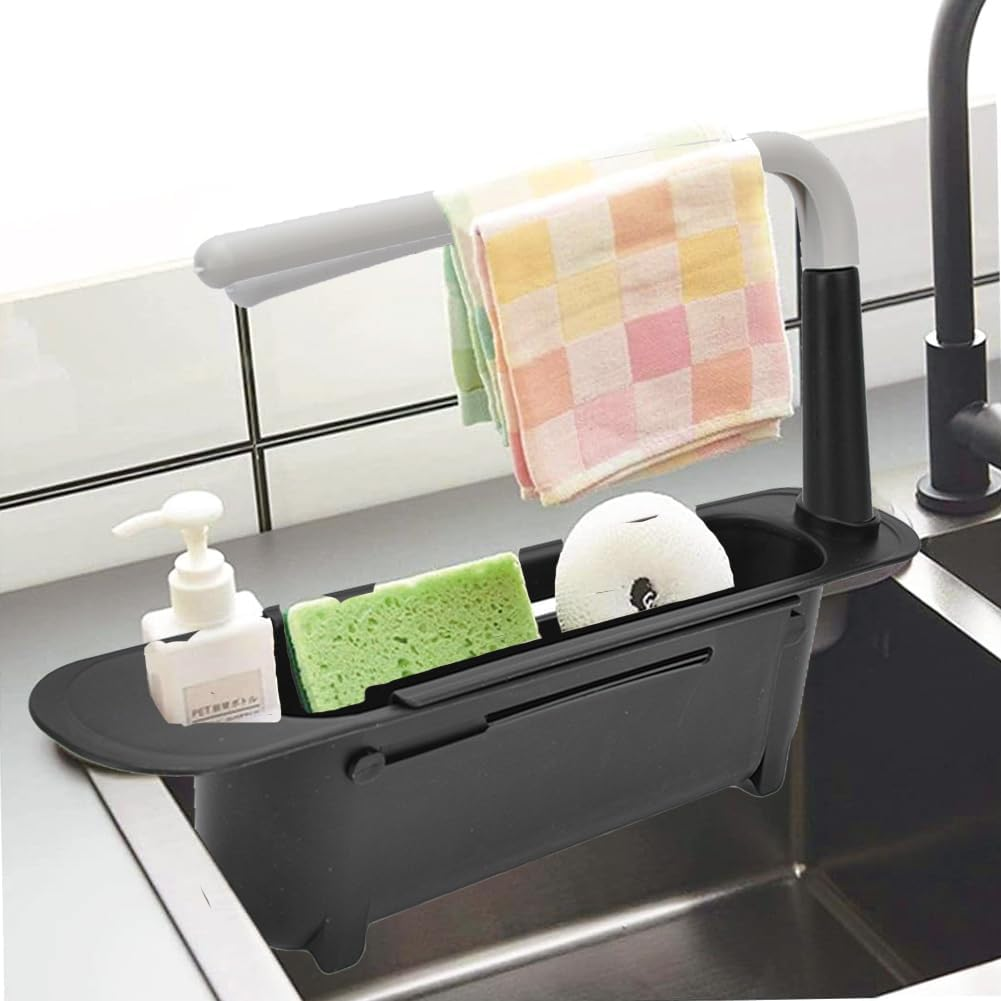 Telescopic Sink Storage Rack, Expandable Utility Farmhouse Accessories Sink Multifunctional Updated Adjustable Rollable Sponge Holder for Kitchen Dishes Cups Fruits(Black) image number 6
