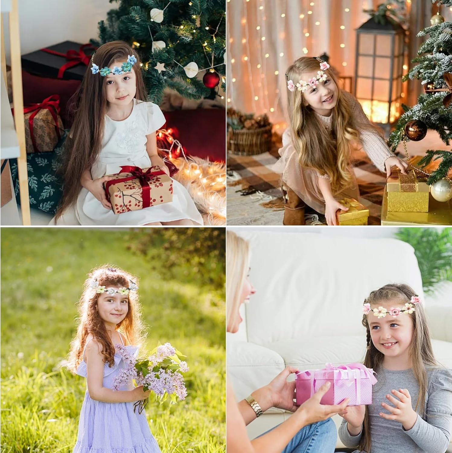 Flower Crown, 6 Pieces Multicolour Floral Wreath Headband for Girls, Adjustable Flower Crowns for Women, Colorful Wreath Festival Hair Accessories Elastic for Wedding, Festival, Party image number 4