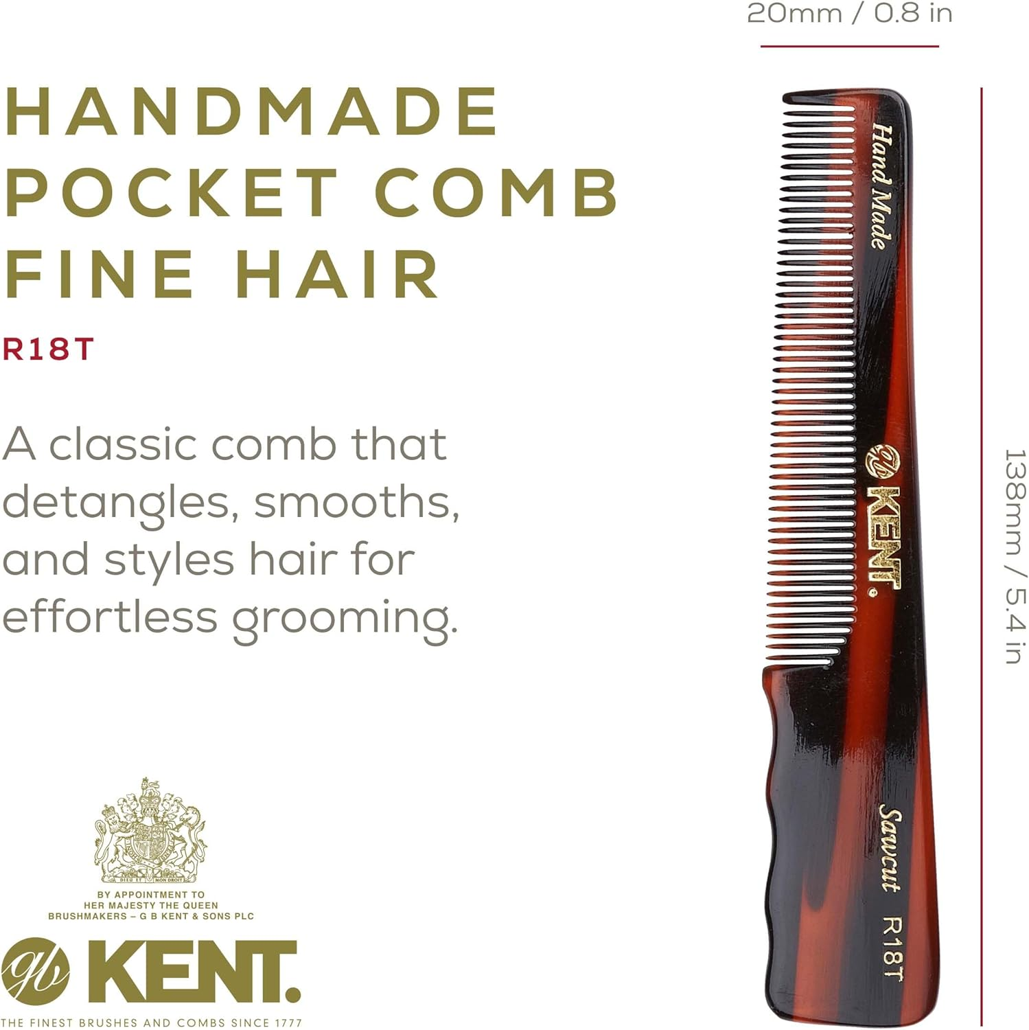 Kent Hand-Made 140Mm All Fine Pocket Comb with Thumb Grip - R18T