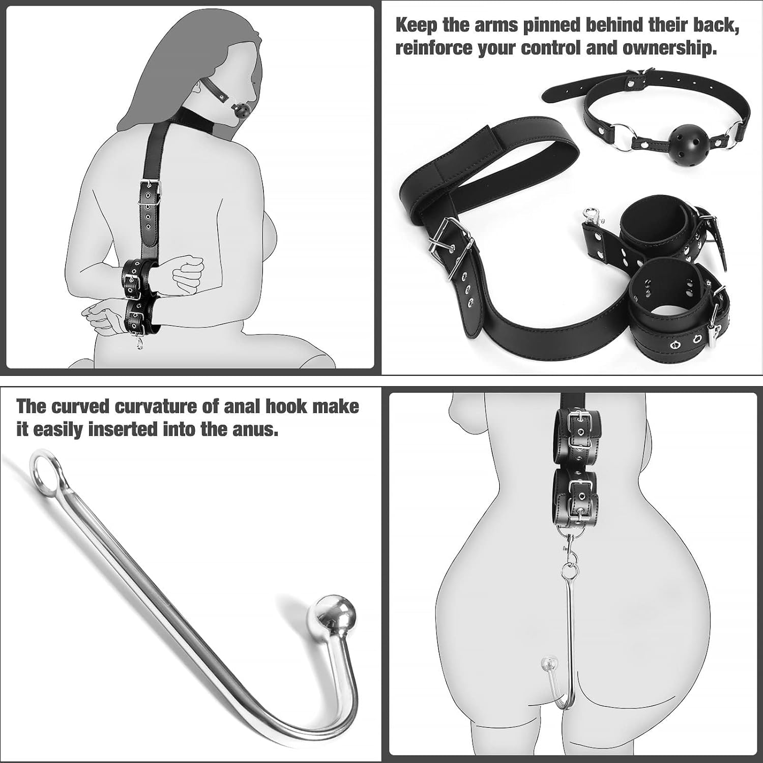 BDSM Anal Hook with Ball Gag, 2 in 1 Leather Sex Bondage Set Anal Trainer with Collar, Handcuffs & Adjustable Strap, Restraints Kit Role Play Butt Plug Fetish Slave SM Adult Sex Toys Unisex image number 3