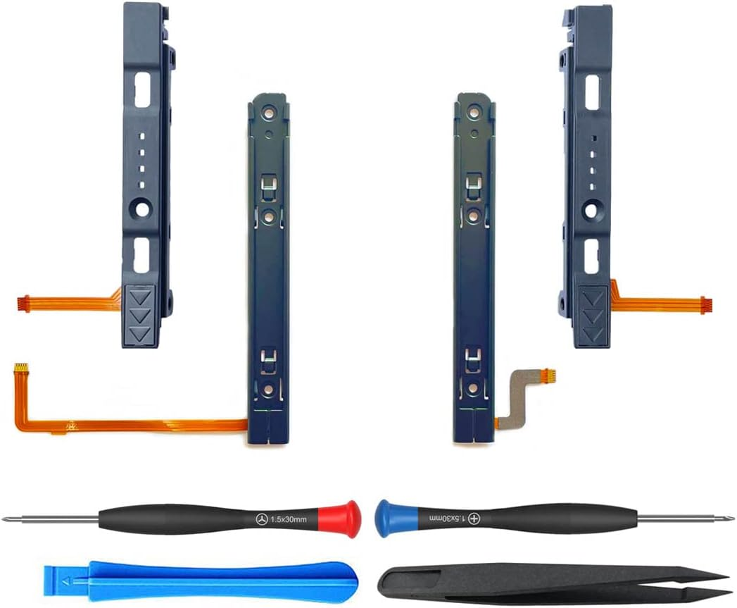Elecgear Slide Rail Replacement for OLED Switch HEG-001 and Joy Con 1 Controller, Left/Right Metal T-Track for NS OLED and Plastic Slider Bar for Joy-Con with Flex Cable Connector, Repair Tool Incl. image number 1