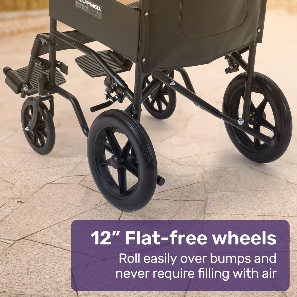 "Equipmed Folding Transit Manual Wheelchair, Attendant Propelled, Steel Frame, Wide Seat, Comfortable for S-XL, 114Kg Capacity, Park Brakes, Transport" image number 4
