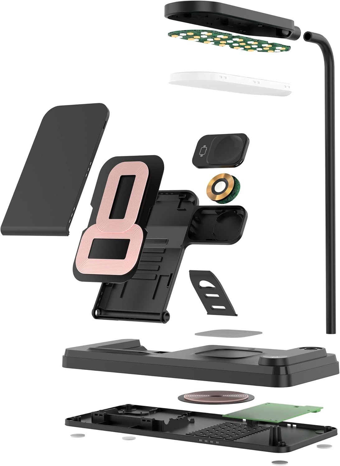 4-In-1 Wireless Charging Station & LED Desk Lamp, 10 W Fast Qi Charger Stand for Iphone 15/14/13/12 Series, Samsung Galaxy, Airpods, Apple Watch, Foldable Dimmable 3-Color Light (Black) - White image number 6