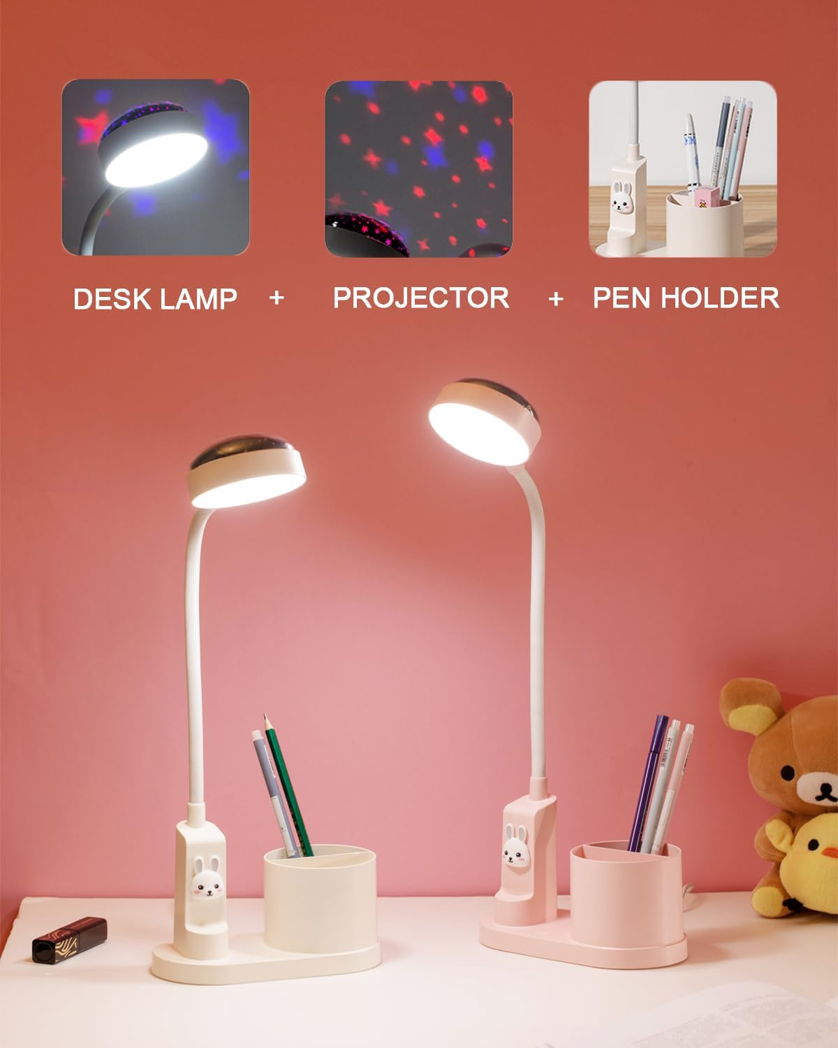 SONVIEE Children'S Desk Lamp, LED Desk Lamp Astronaut with Pen Holder, Gooseneck Table Lamp, Children'S Study Lamp, Reading Lamp with Projection Pencil Holder (Rabbit - White) image number 6