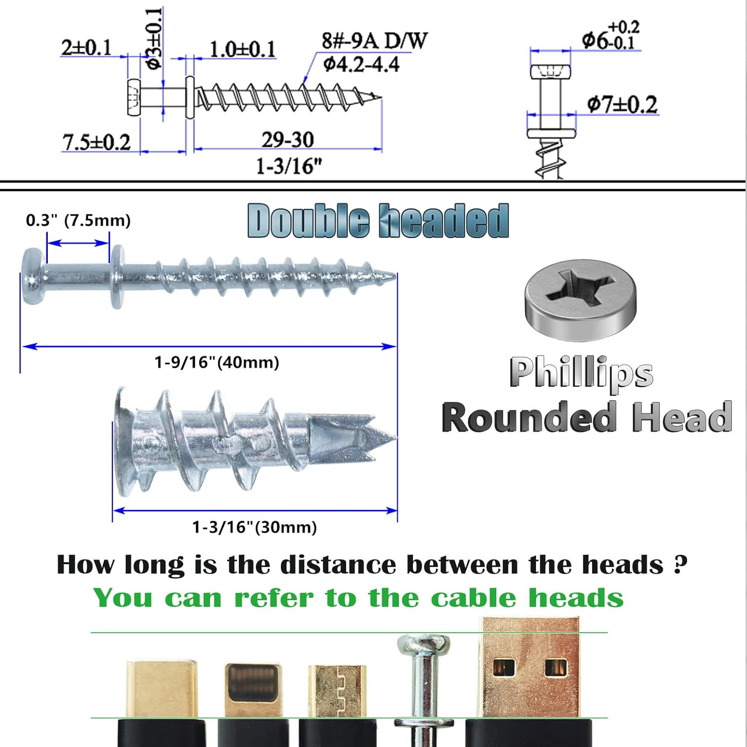 Laffeya Bear Claw Double Headed Screw & #8 Self Drilling Drywall Anchors, Picture Hangers Kit- 25 Bear Claw Screws, 25 Self-Tapping Drywall Anchors (25, Silver) image number 1
