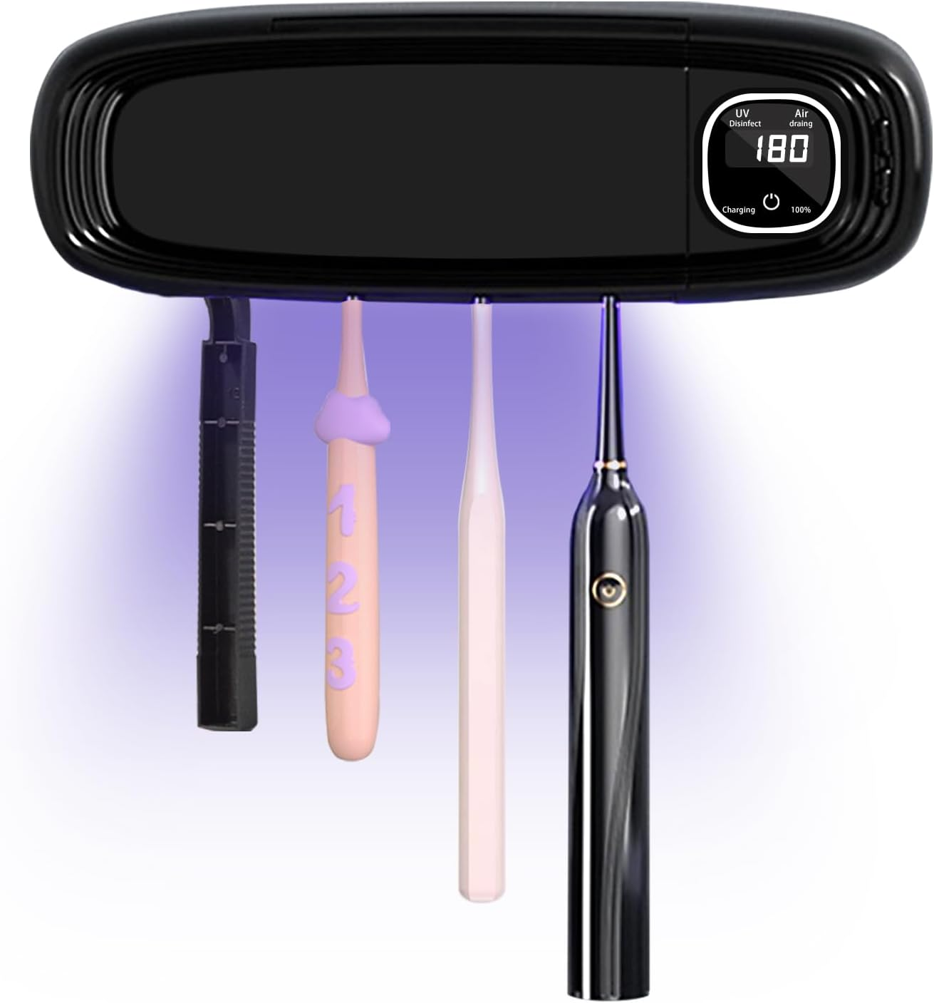 Toothbrush Sanitizer and Holder, UV Toothbrush Holder with Air Drying Function, Rechargeable LED Tooth Brush Holder Wall-Mounted for Bathroom, Timer Function, No Drilling, 4 Slots (Black)