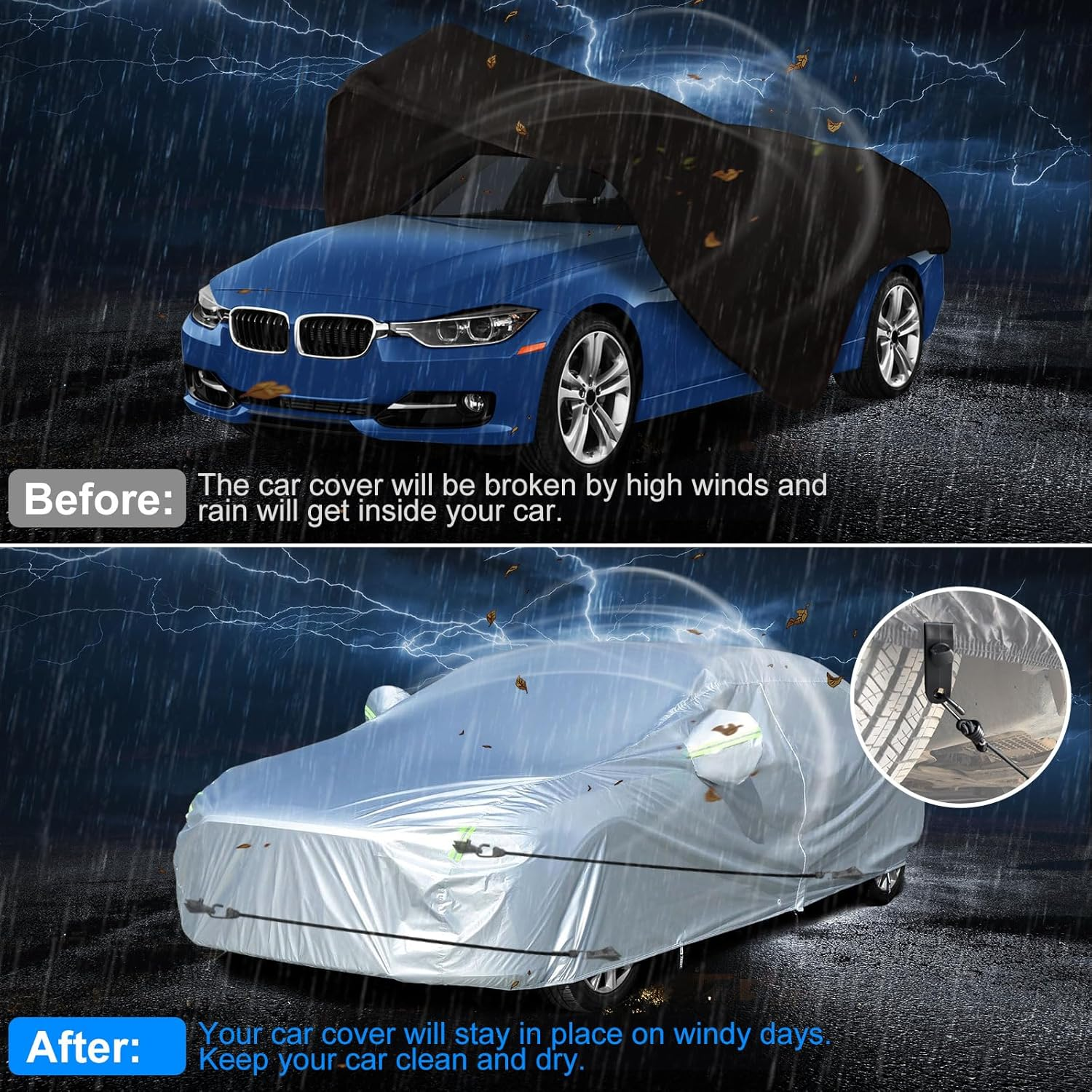 BETERNY 4PCS 50 Inch Car Cover Gust Straps, Heavy Duty Wind Protector Bungee Cords Hook Clips Kit Fit for Most Cars, Sedans, Suvs, Trucks, Vans, Motorcycles, Boat-Black image number 5