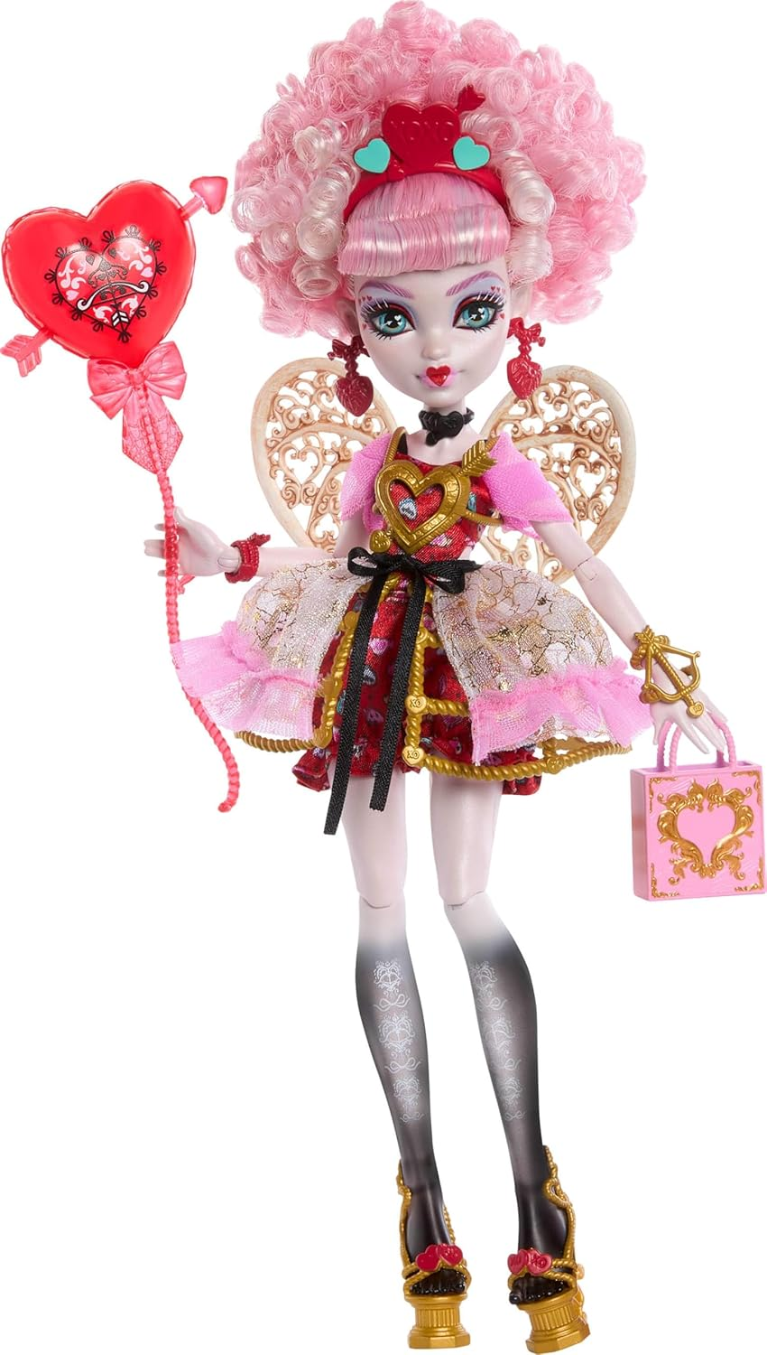 Monster High Scary Sweet Birthday Doll, Cupid Asteria in Pink and Red Party Dress with Themed Accessories like Invite, Balloon, Gift and More image number 1