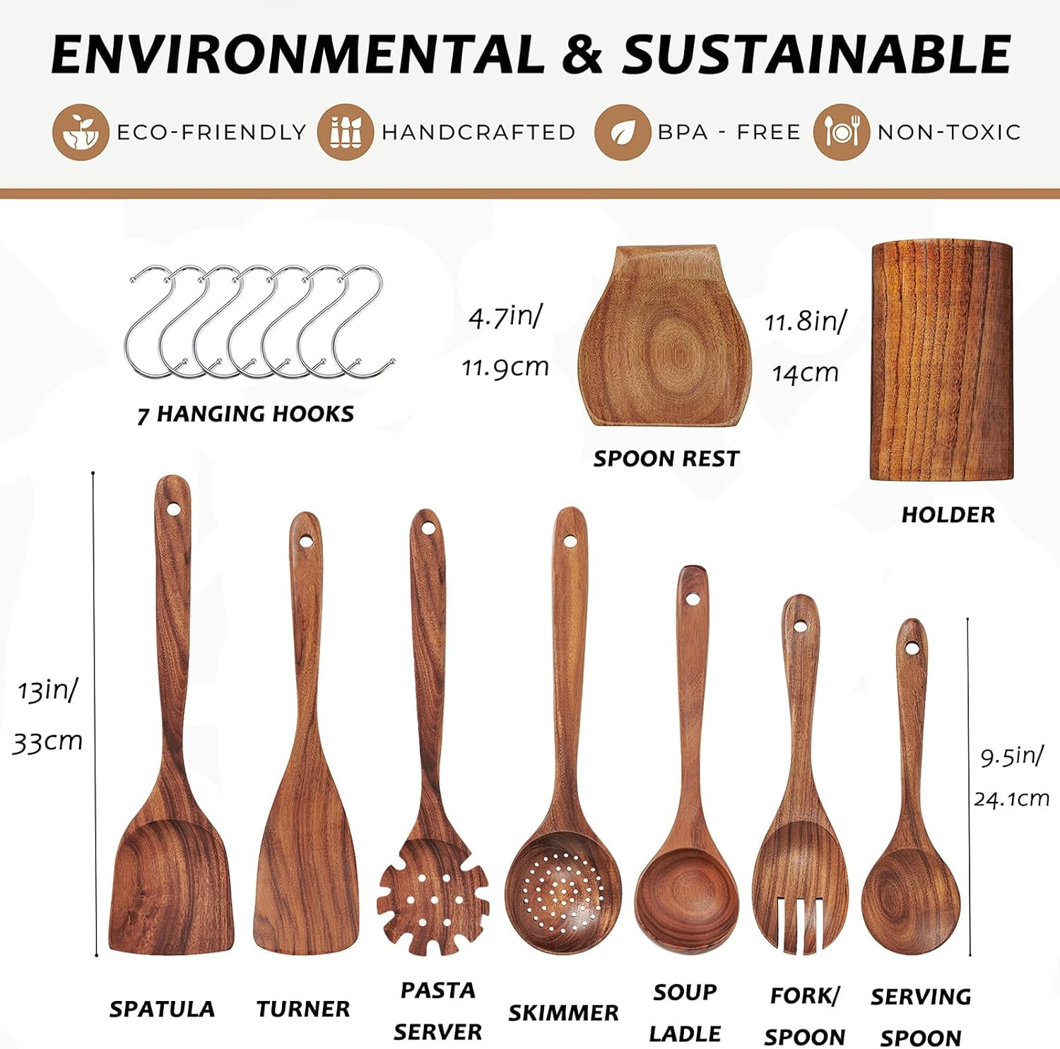 10 Pcs Wooden Cooking Utensils Set, Wooden Spoons for Cooking - Teak Wooden Utensil Set with Holder, Spoon Rest & Hooks - Sturdy, Lightweight and Heat-Resistant image number 2