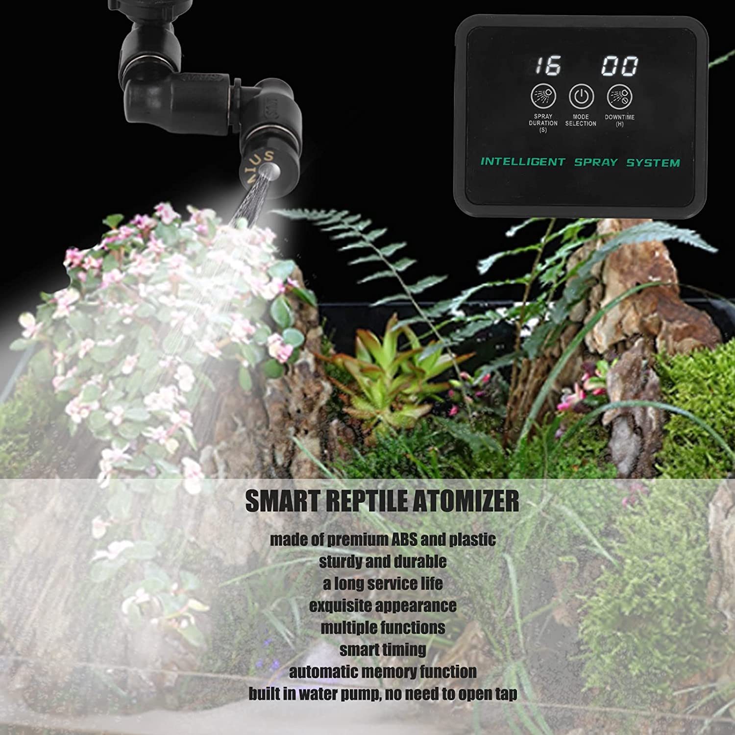Smart Reptile Atomizer, ABS Plastic Electronic Humidifier with 360 Degree Rotatable Nozzles, Timer Control, 5M Pipeline for Amphibians Terrarium image number 5