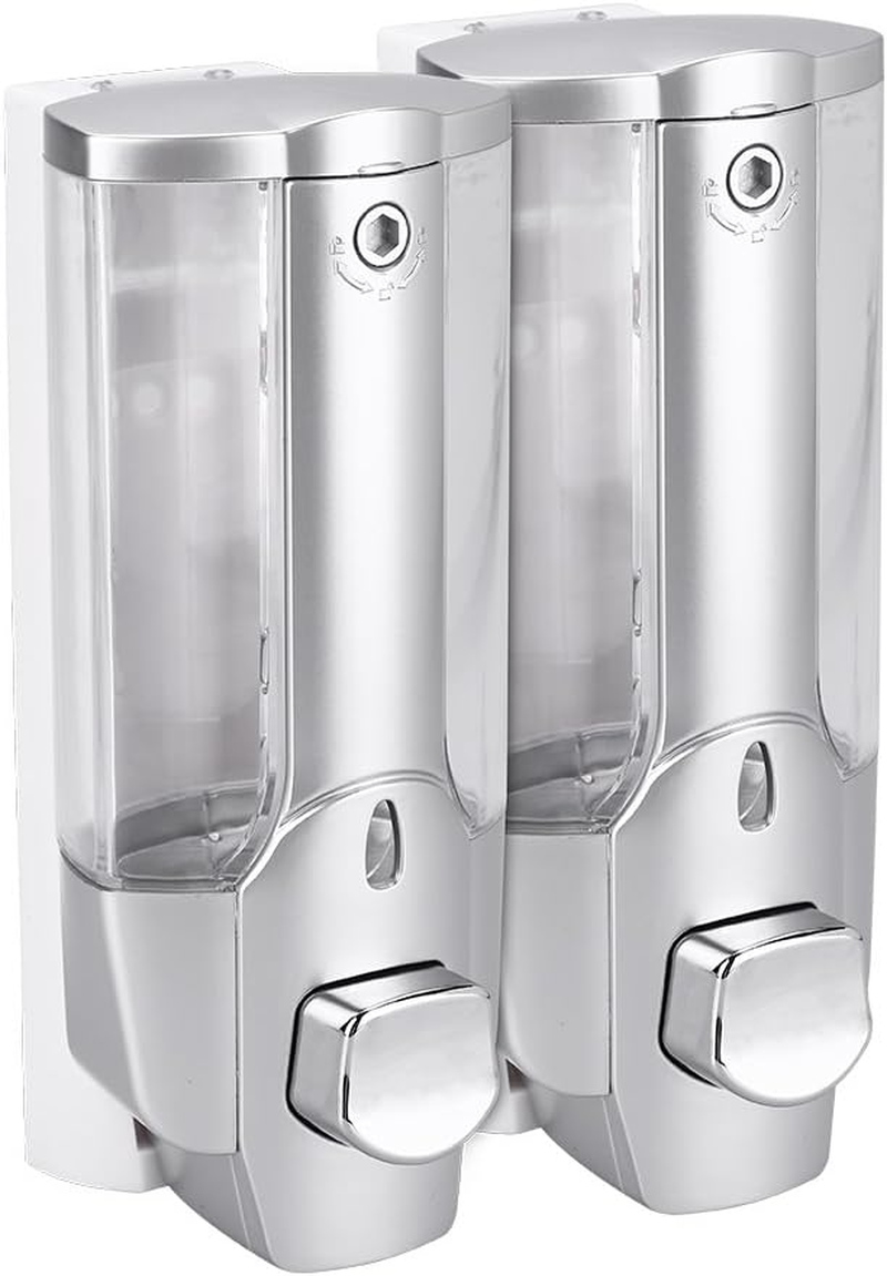 Wall Mounted, Liquid Transparent Shampoo Container Space Saving Liquid Pump with Built in Springs for Home (Silver Double Cups) image number 3
