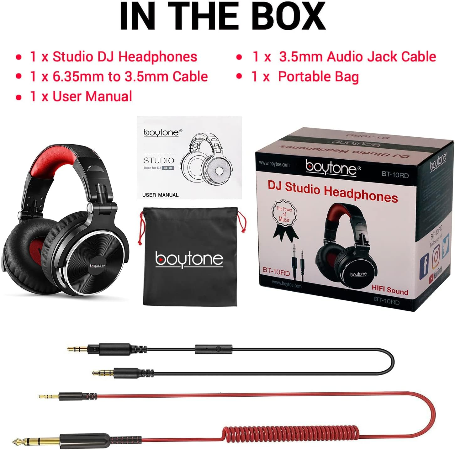 Boytone BT-10RD Wired over Ear Headphones Studio Monitor & Mixing DJ Stereo Headsets with 50Mm Drivers and 1/4 to 3.5Mm Audio Jack for Audio Mixer Computer, Phone, Guitar, Laptop, Amplifier image number 3