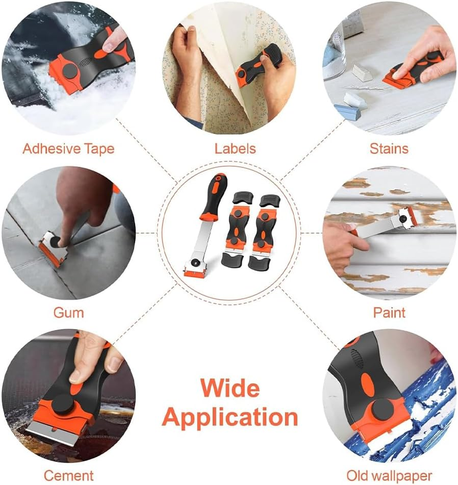 3Pcs Paint Scrapers with 30 Plastic and 30 Metal Blades, Plastic Scraper Glass Scraper, Stove, Sticker Remover, Paint, and Chewing Gum (Orange) image number 1