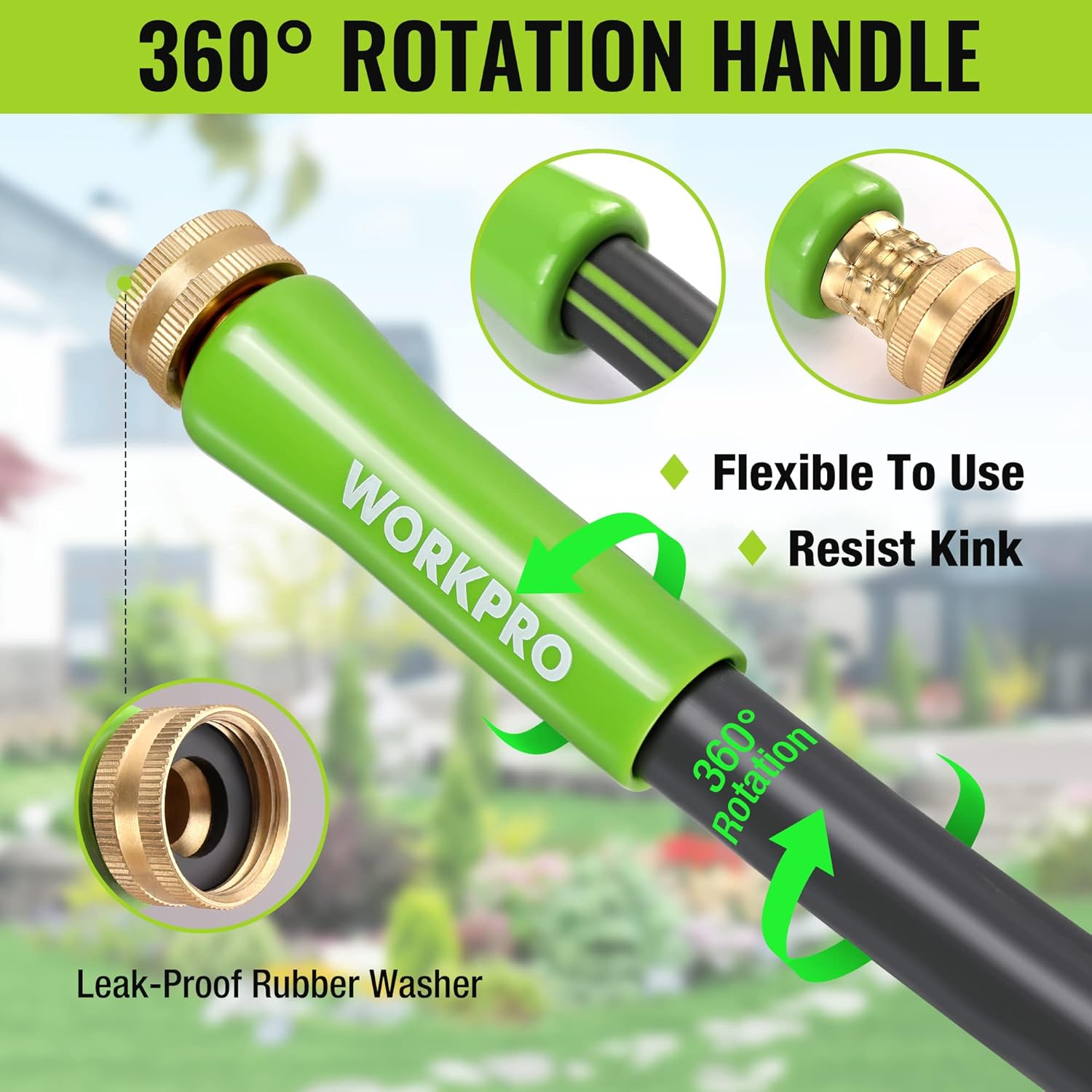 WORKPRO Garden Hose 1.59Cm X 3M, Heavy Duty, Flexible, Lightweight Water Hose with 360&deg; Rotation Handle, 3/4" GHT Solid Brass Fittings, for Outdoor, Lawn, Garden & Yard, Car Wash
