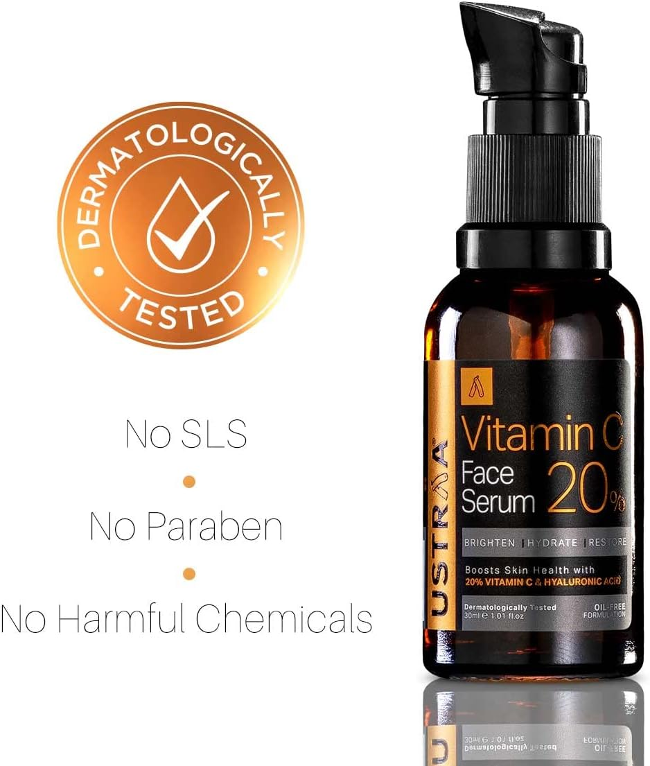 Ustraa 20% Vitamin C Face Serum Dermatologically Tested, with Hyaluronic Acid & 20% Vitamin C in the Purest Form, Antiaging, Fights Dark Spots 30Ml image number 3