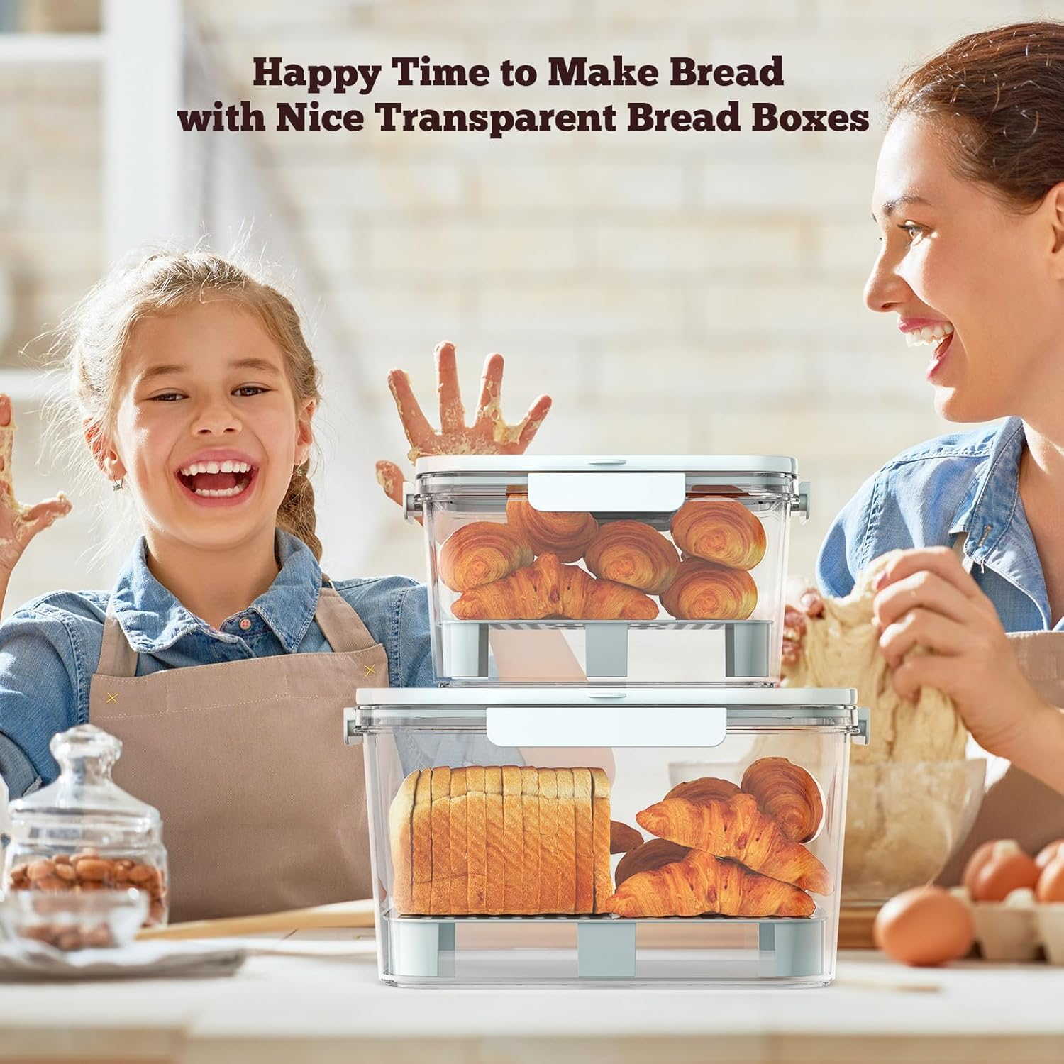 Bread Box Airtight for Kitchen Countertop, 2 Pieces Bread Holder Storage Container, Large Bread Container with Lid for Homemade Bread, Toast, Bagel, Donut and Cookies image number 2