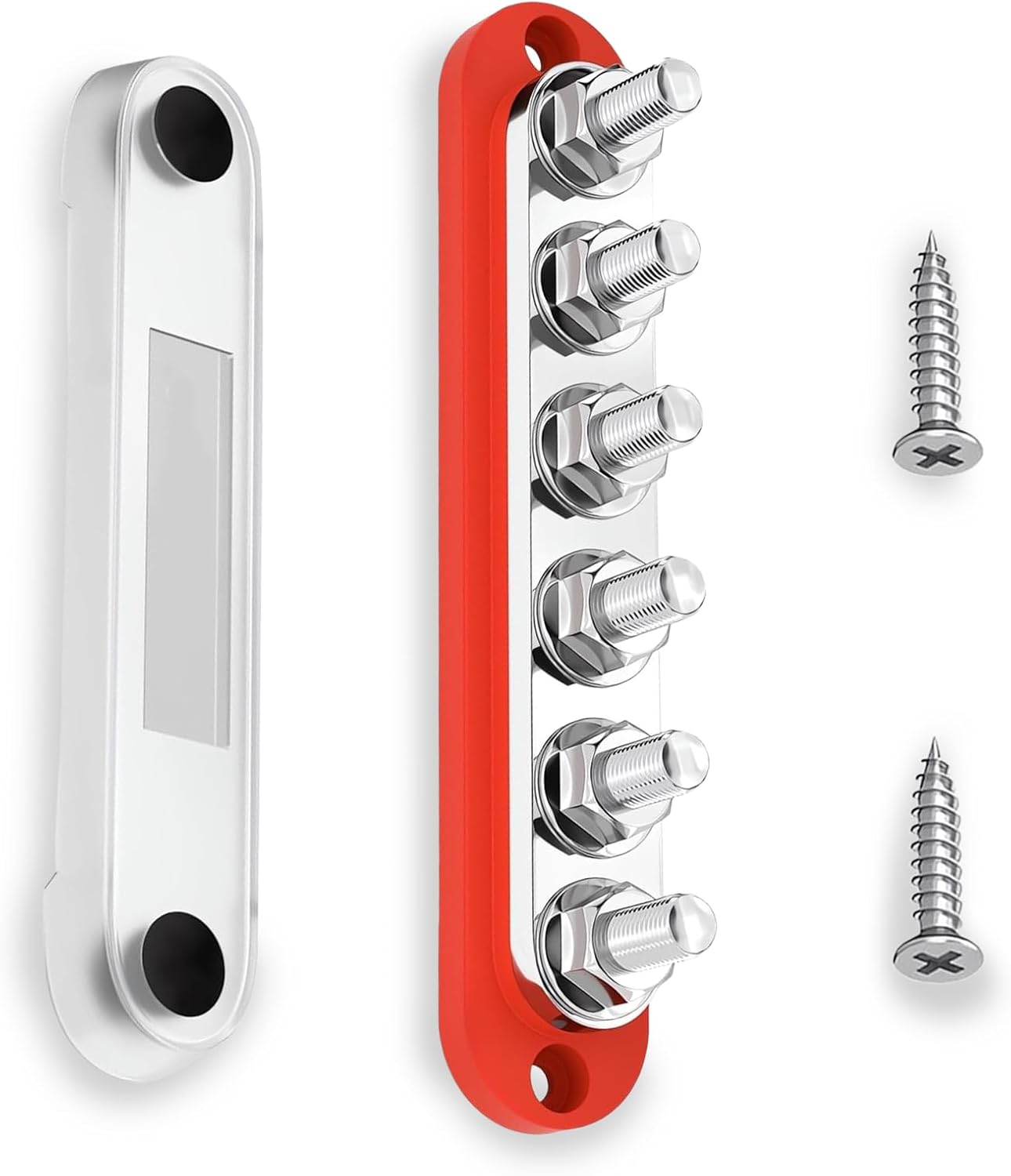 Bus Bar 6 Gang 300A M8 Power Distribution Block Terminal Post Stud 12V Black Nickel Plated for Corrosion Protection, Enhance RV Experience (Red)