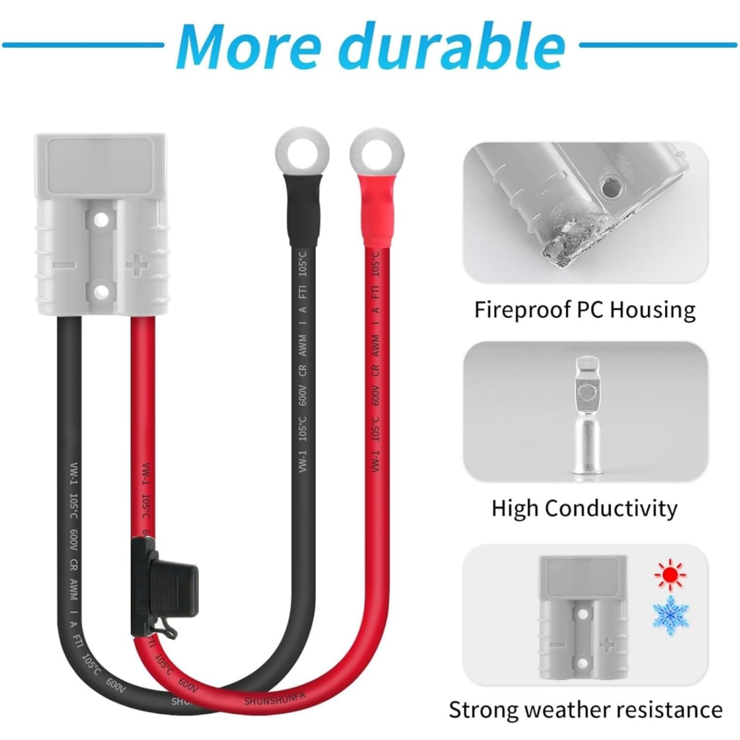 Suytvenxau Fused Anderson Plug Connector Lead, 2 Pcs Anderson Plug Extension Cable, Kit with 50Amp Adapter to 6Mm Lugs, 30CM Waterproof Quick Connect Battery Cables for Power Transfer