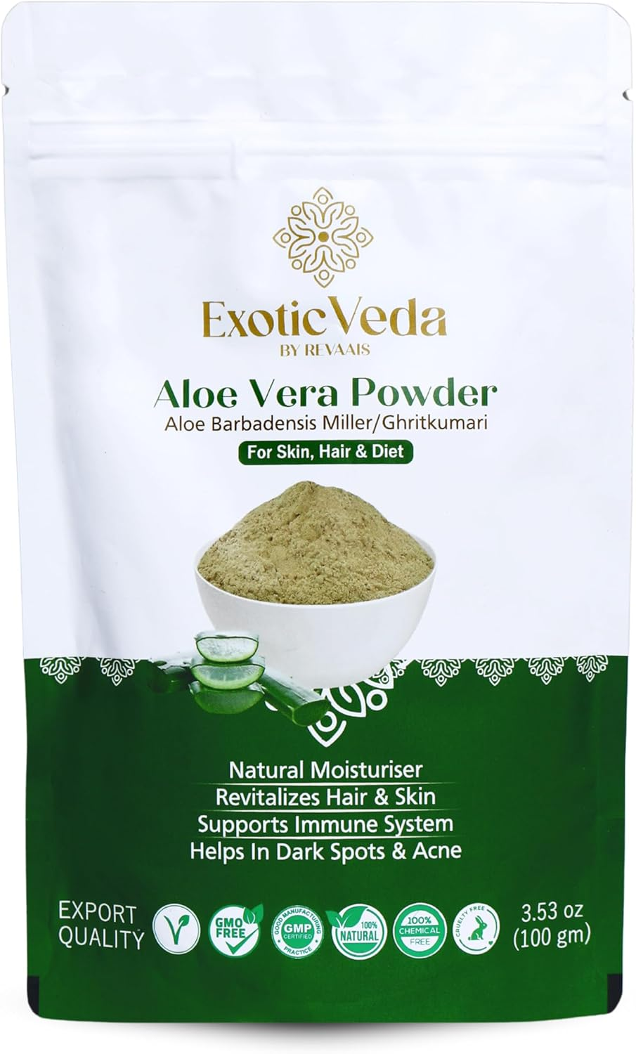 Exotic Veda Pure Aloe Vera Powder - Helps Nourish Scalp, Boost Hair Growth, Aids in Skin Dryness, Cuts, Sunburns, Natural Herbal Supplement for Skin & Hair Care (100G) image number 3