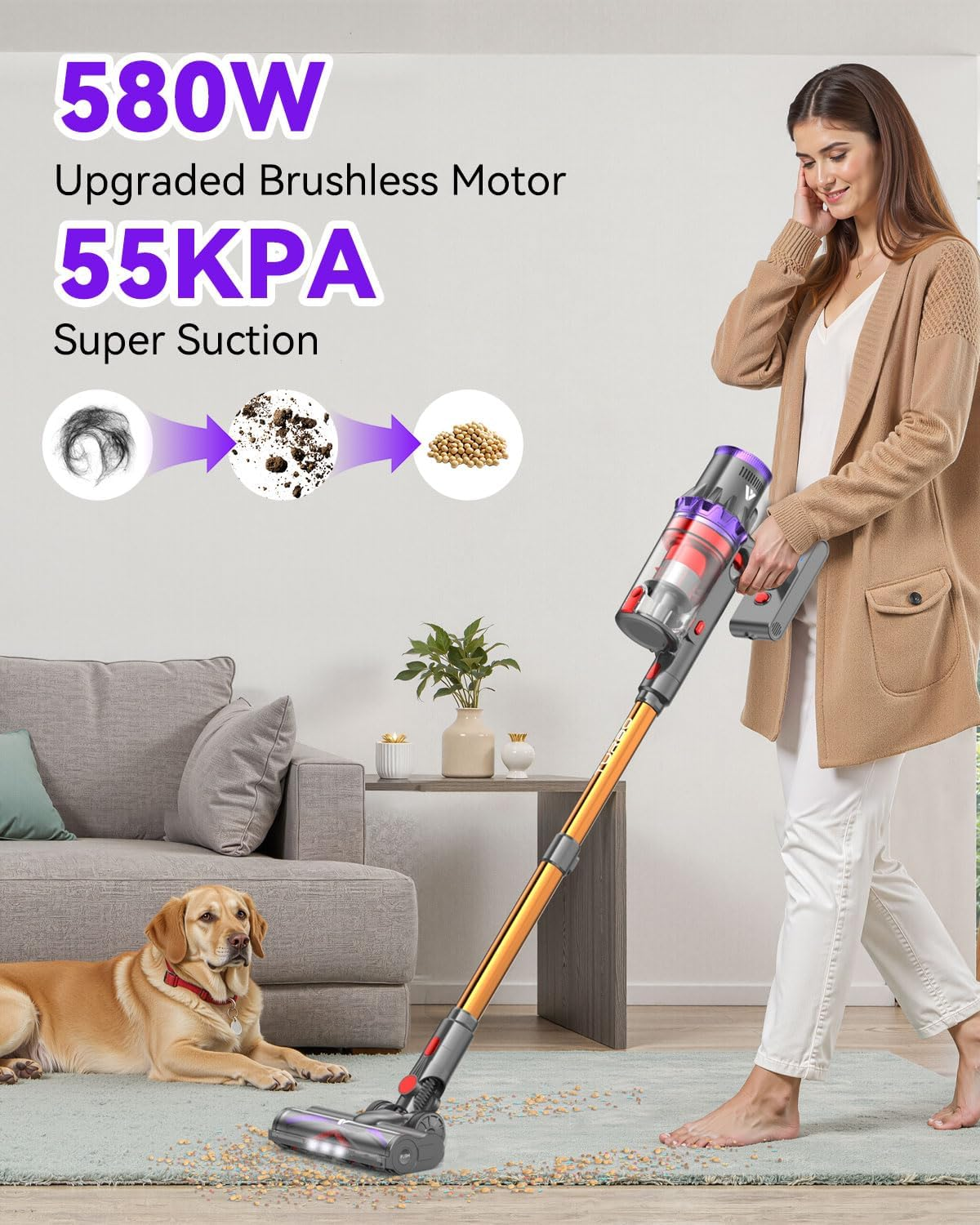 Coovy SU7 Cordless Vacuum Cleaner, 580W/55Kpa/75Mins Vacuum Cleaners for Home, Stick Vacuum with LED Touch Screen, Wall Mount Charging, Anti-Tangle Brush for Hardwood Floor, Carpet, Pet Hair image number 3