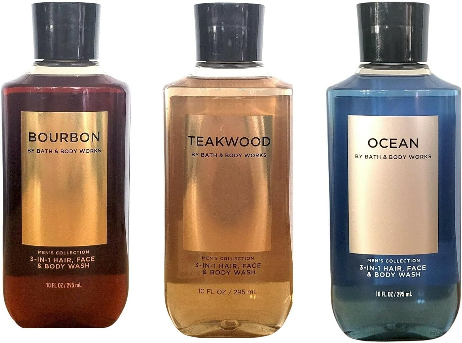 Bath & Body Works 3 Pack 2-In-1 Hair + Body Wash Teakwood, Ocean and Bourbon. 10 Oz.