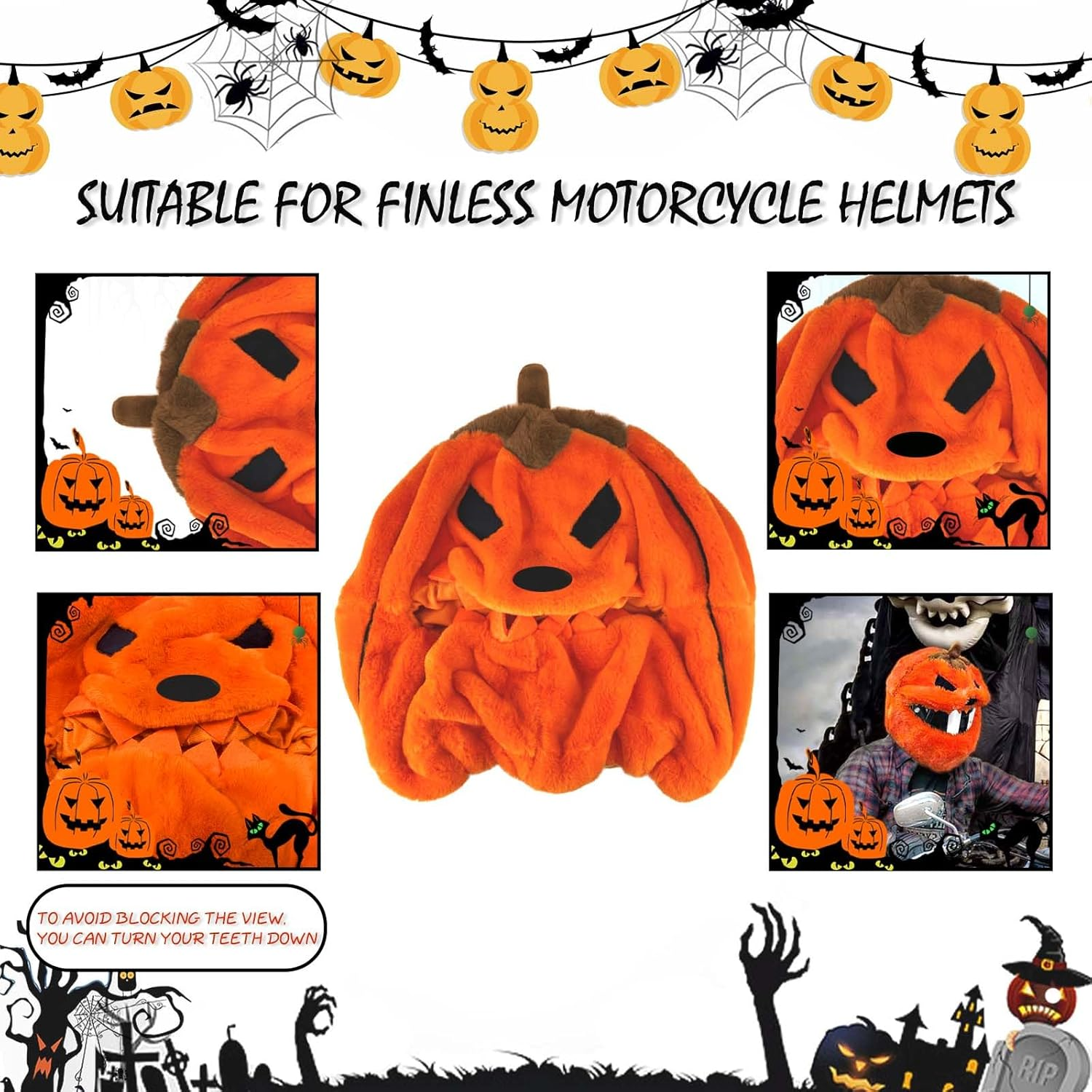 Halloween Pumpkin Motorcycle Helmet Cover,Christmas Motorcycle Helmet Cover,Pumpkin Helmet Cover,Halloween Hat Decoration Accessories for Men,For Motorcycle Helmet, Fun Rides and Gifts image number 6