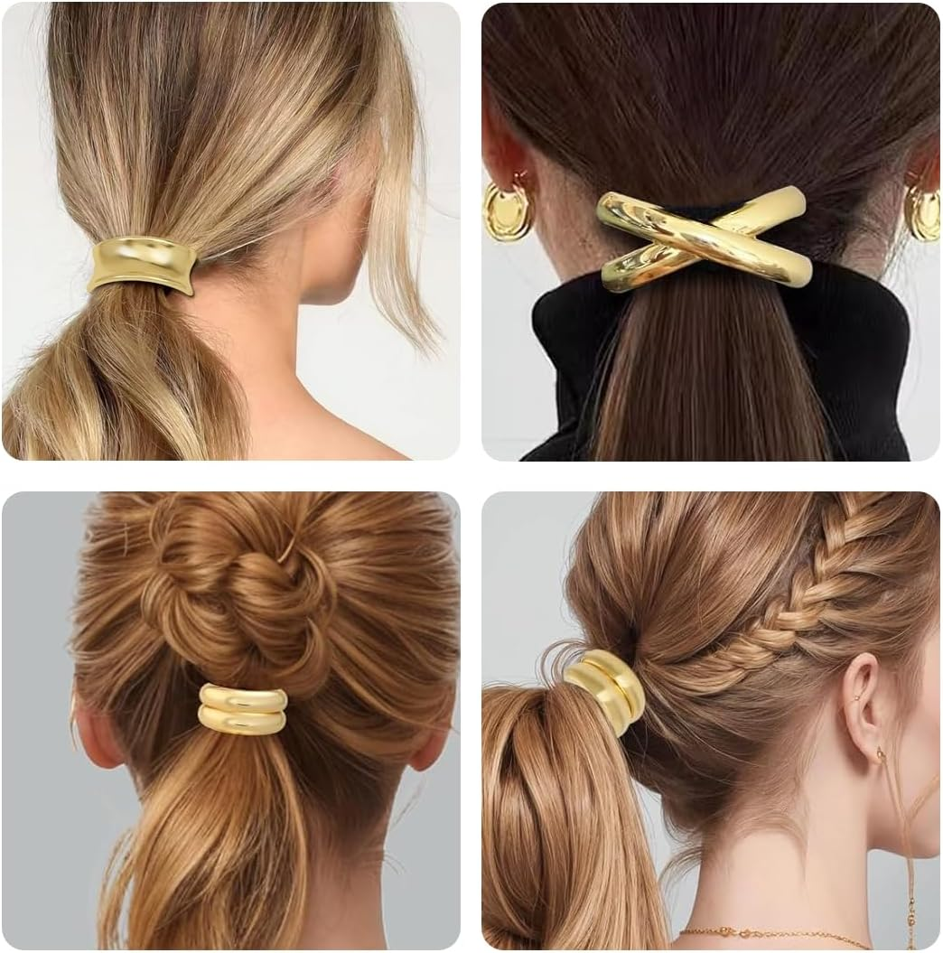 YUZNA Pack of 5 Elastic Metal Hair Bobbles for Ponytails, Thick Hair, Hair Accessories for Women (Gold) image number 1