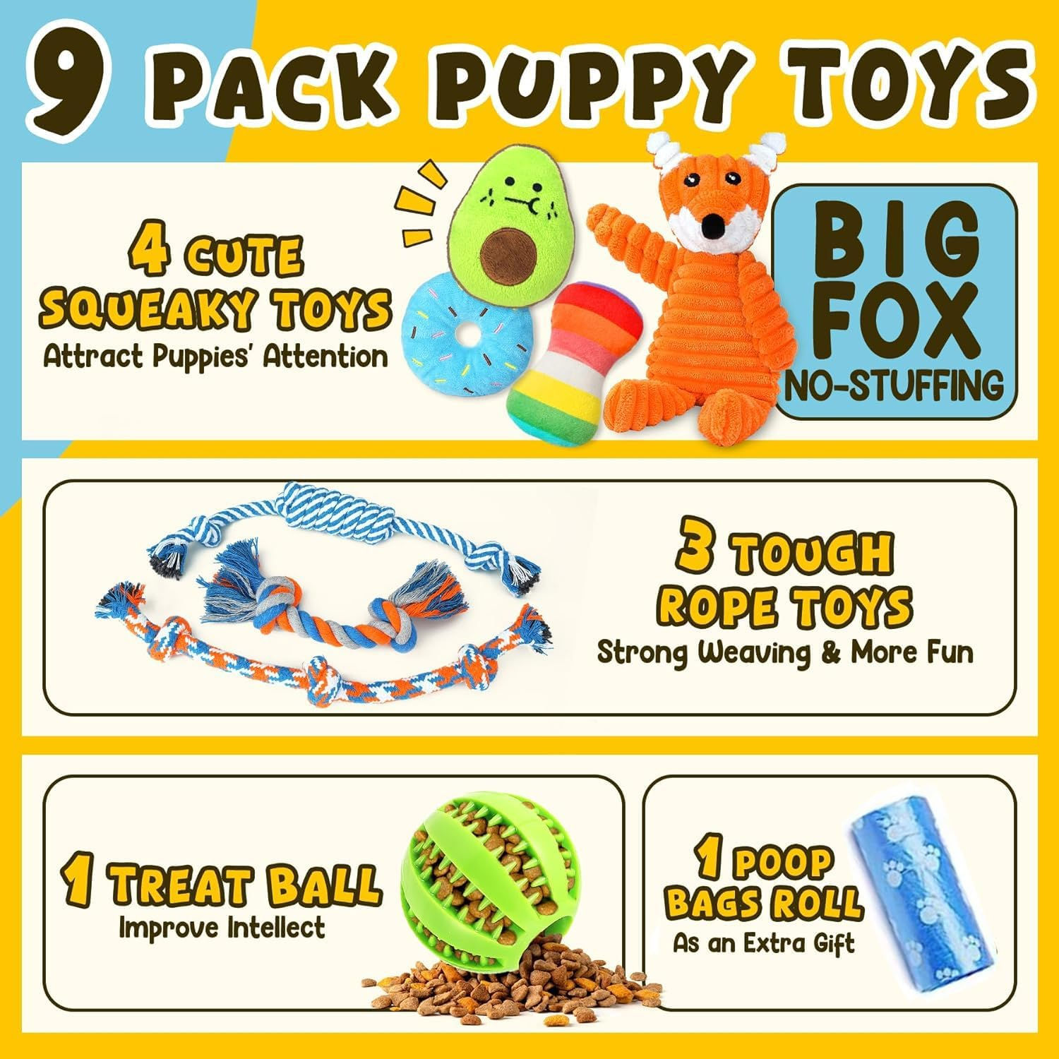 9 Pack Dog Puppy Toys for Teething Small Dogs, Puppy Chew Toys for Fun and Teeth Cleaning, Dog Squeak Toys, Ball and More Rope Dog Chew Toys for Medium to Small Dogs image number 1