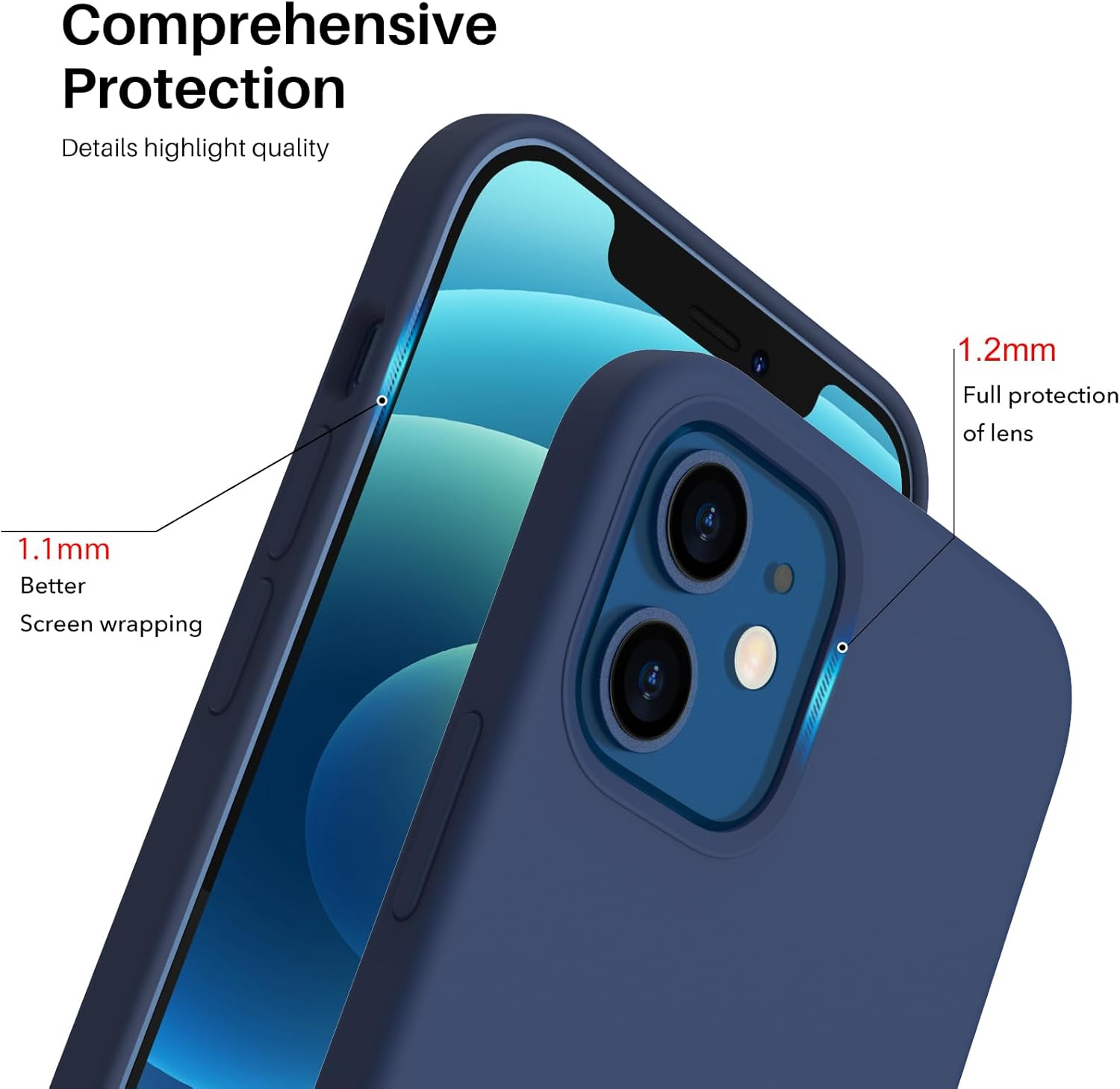 ORNARTO Compatible with Iphone 12 Case, Compatible with Iphone 12 Pro Case, Slim Liquid Silicone 3 Layers Full Covered Soft Gel Rubber Phone Case Cover 6.1 Inch-Navy Blue image number 2