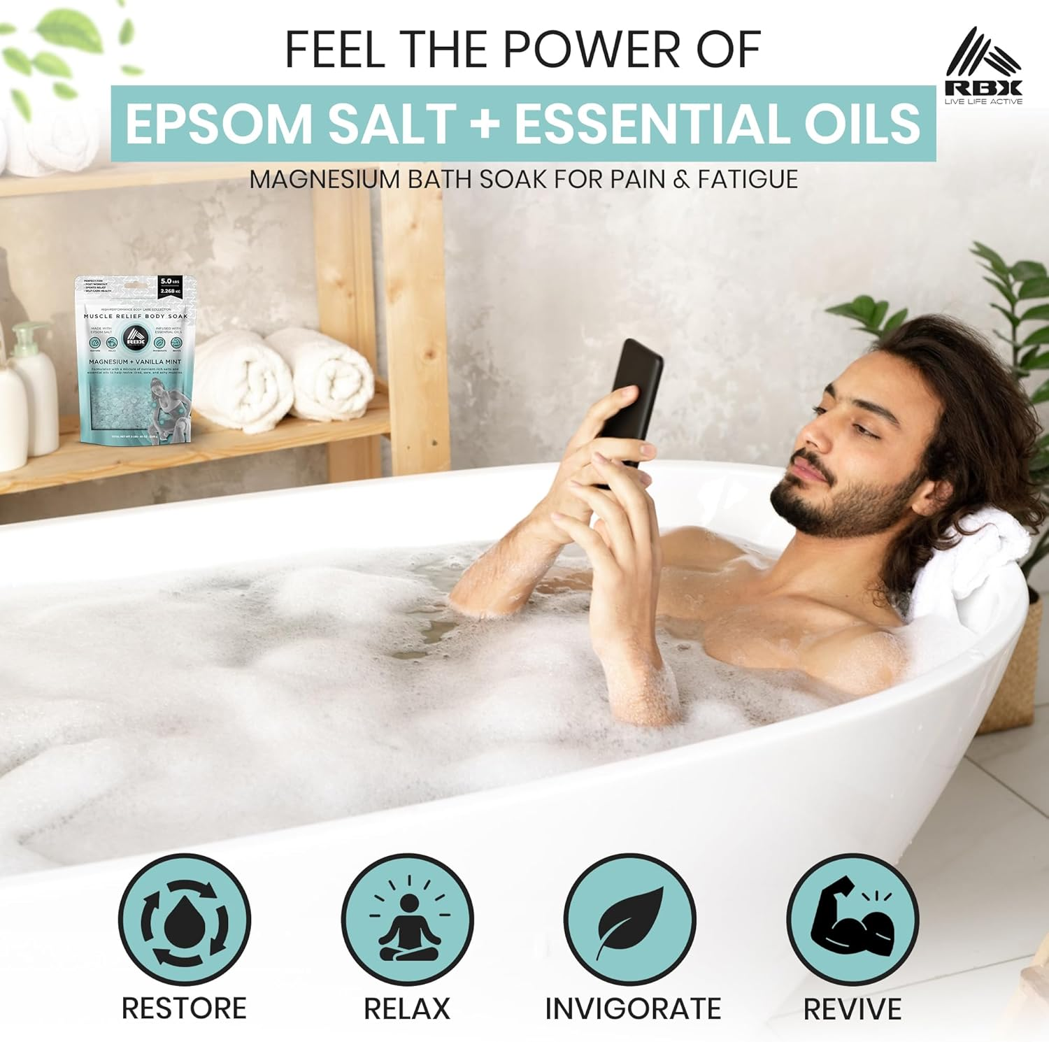 RBX Muscle Relief Epsom Salt Bath Soak &ndash; Magnesium Flakes & Bath Salts for Soothing Sore Muscles, Pain Relief, Foot Detox Soak &ndash; Vanilla Mint Scent &ndash; 5 Lb Bag