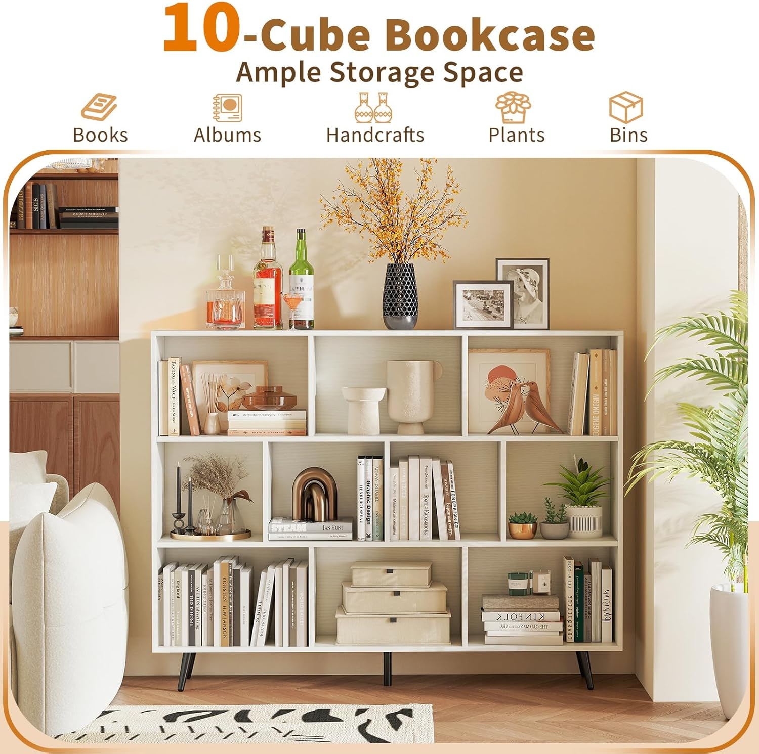 Giantex 10-Cube Bookcase, 140 Cm Mid Century Modern Storage Organizer with 4 Tapered Metal Legs, Freestanding Display Rack Bookshelf with 2 Anti-Tip Kit for Living Room, Study Room, Bedroom, White image number 3