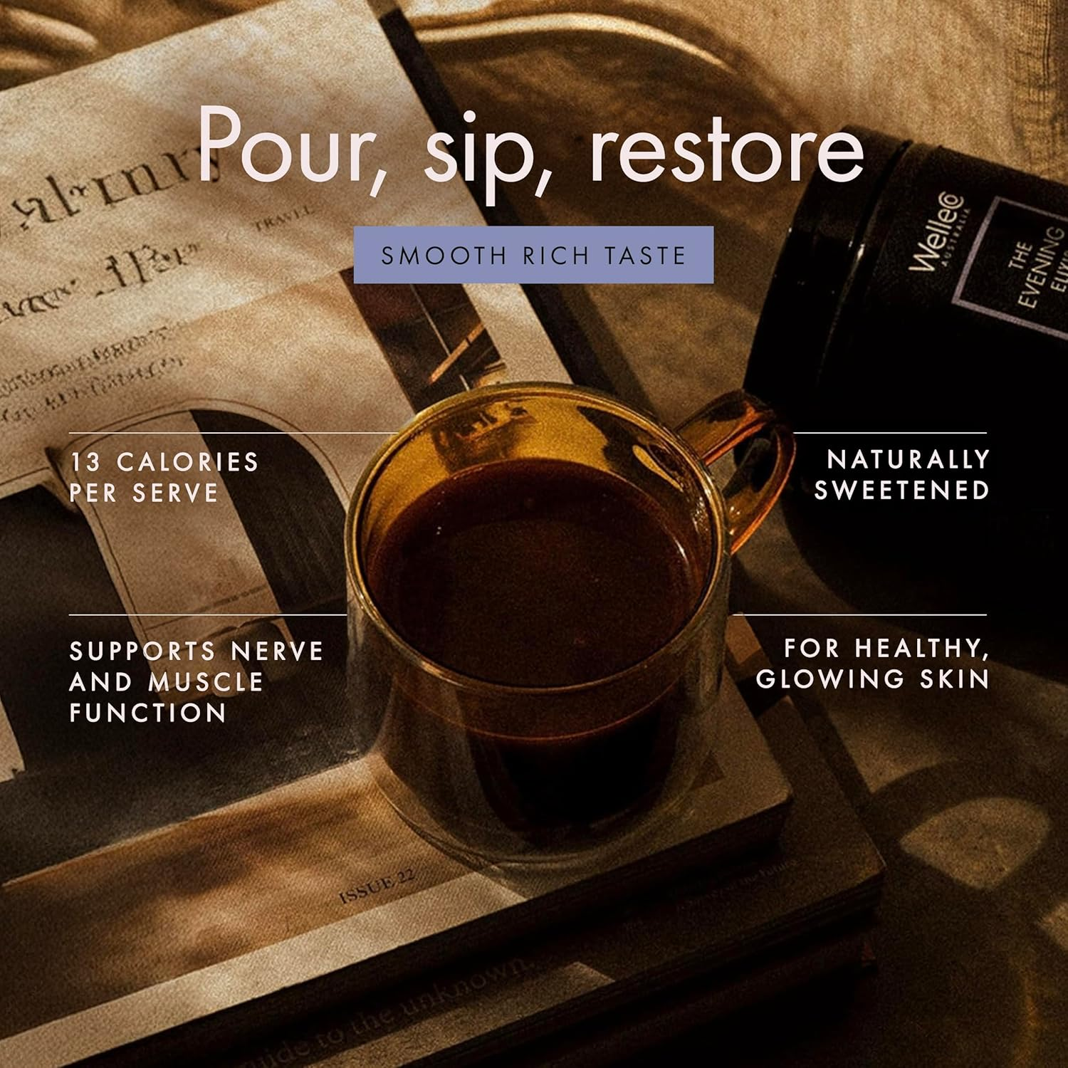 Welleco the Evening Elixir, Vegan Healthy Hot Chocolate Beauty Drink Mix, with Magnesium & Vitamin C Powder Supplement for Sleep, Collagen & Skin Glow, Low Calorie, Dairy-Free, 150G image number 6