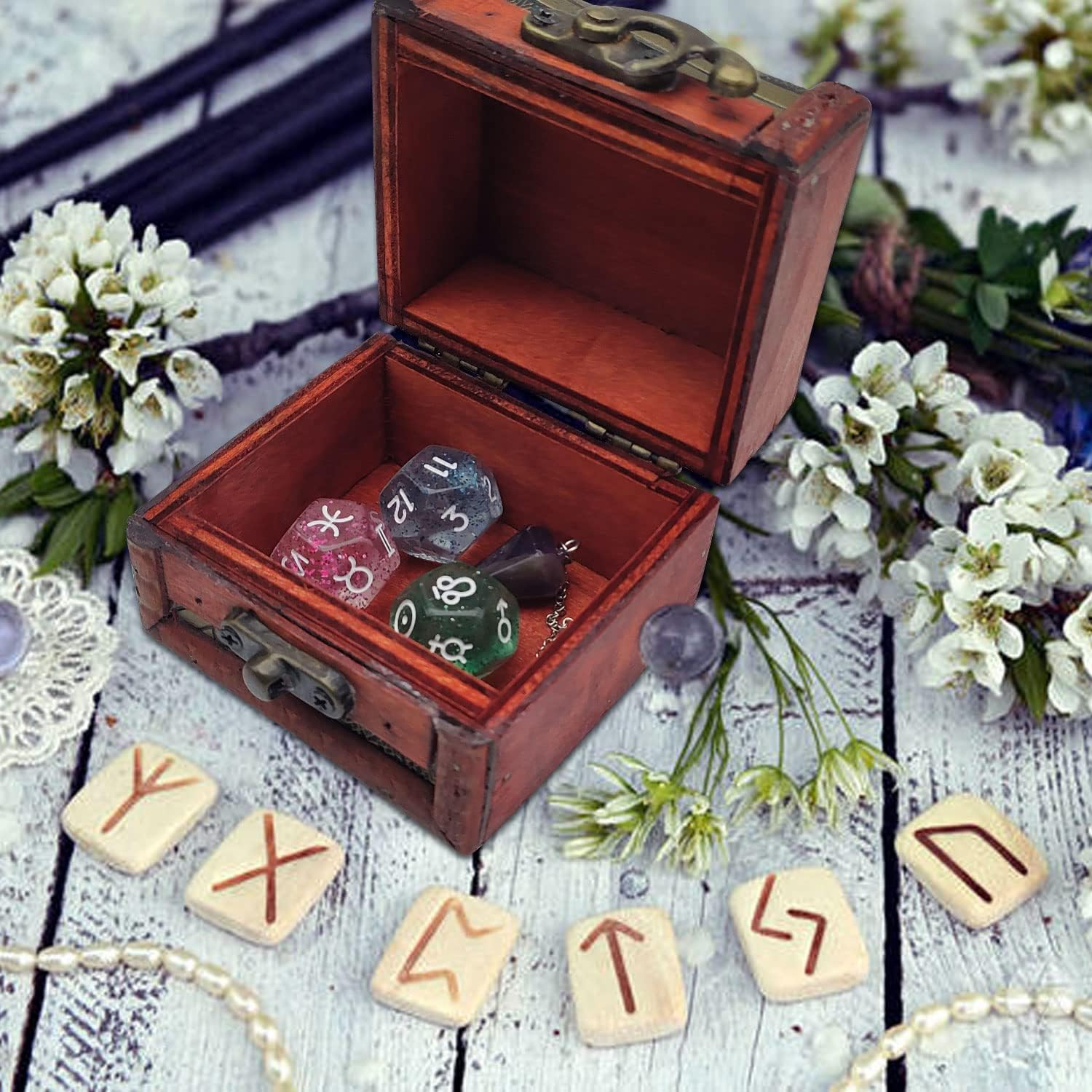 6 Pcs Tarot Divination Dice Set with Astrology Dice, Amethyst Pendulum, Witch Pendulum Board, Card Case, Witchcraft Kit - Metaphysical Supplies for Beginners image number 1