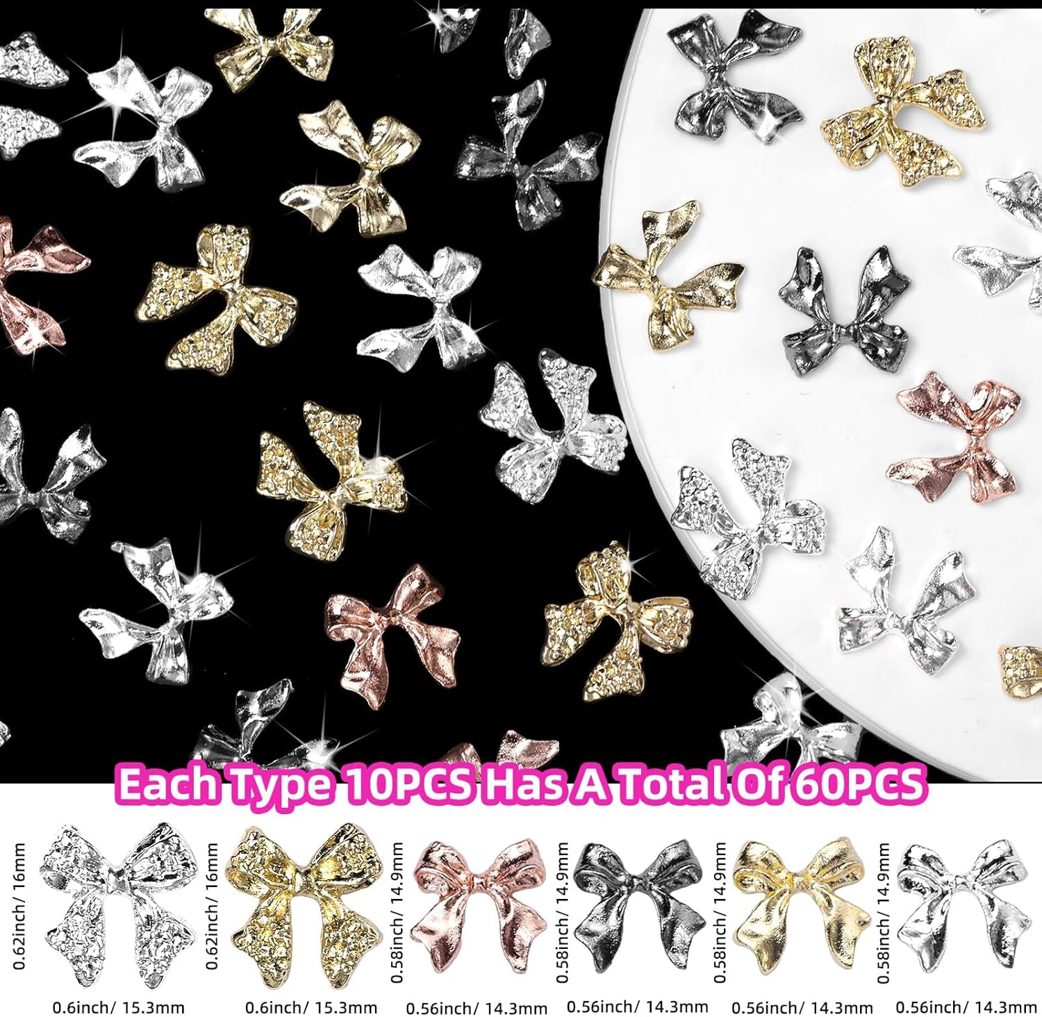60 Pcs Metal Bow Nail Charms, Alloy Nail Bows 3D Golden Silver Gray Bowknots Charms for Nails,Nail Art Accessories Manicure Nails DIY Charms, Luxury Shiny Bow Tie Nail Gems Charms image number 1