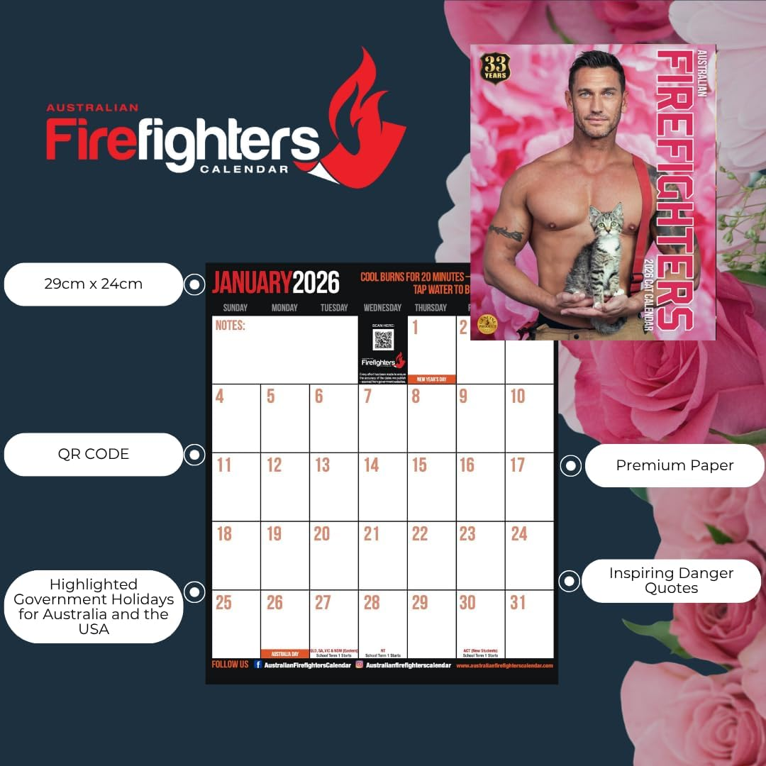 Australian Firefighters Calendar 2026 &ndash; Sexy Firefighters with Cats &ndash; Charity Support, Wall Calendar, Ideal Gift, Cat Lovers & Firefighter Fans image number 5